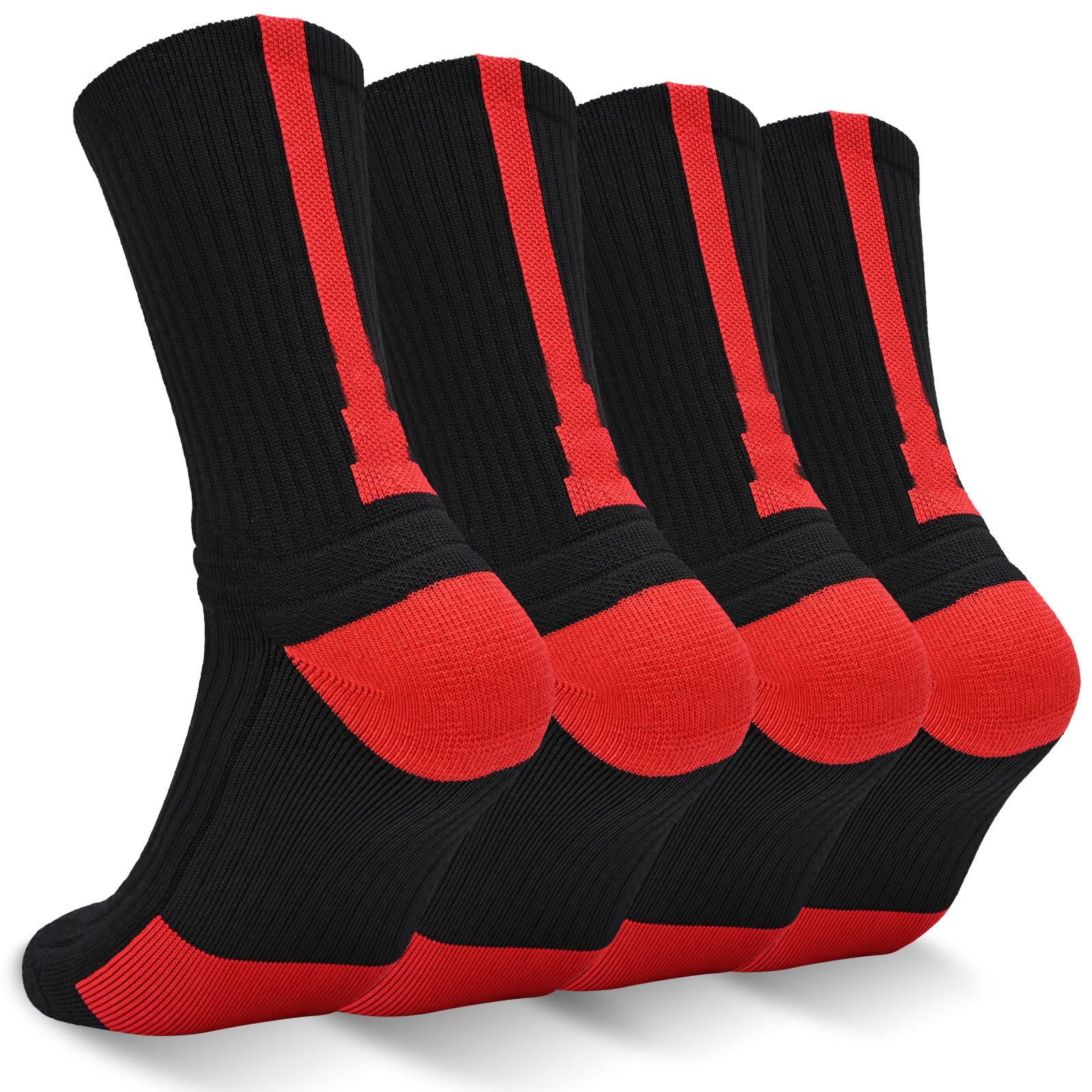 Finerview Elite Basketball Socks, 4 Pack Cushion Performance Crew Athletic Socks for Adult & Youth Kids, Red, Medium