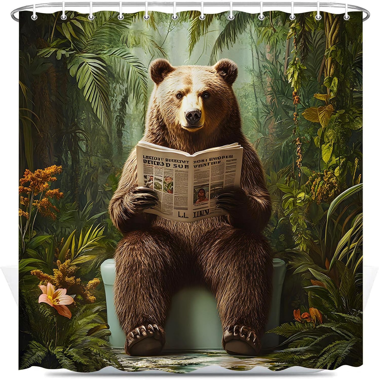 Funny Bear Shower Curtain Green Forest Wildlife Tropical Floral Jungle Rainforest Vintage Rustic Cabin Plants Bathroom Decor Set Polyester Fabric with Hooks 70X96 Inch