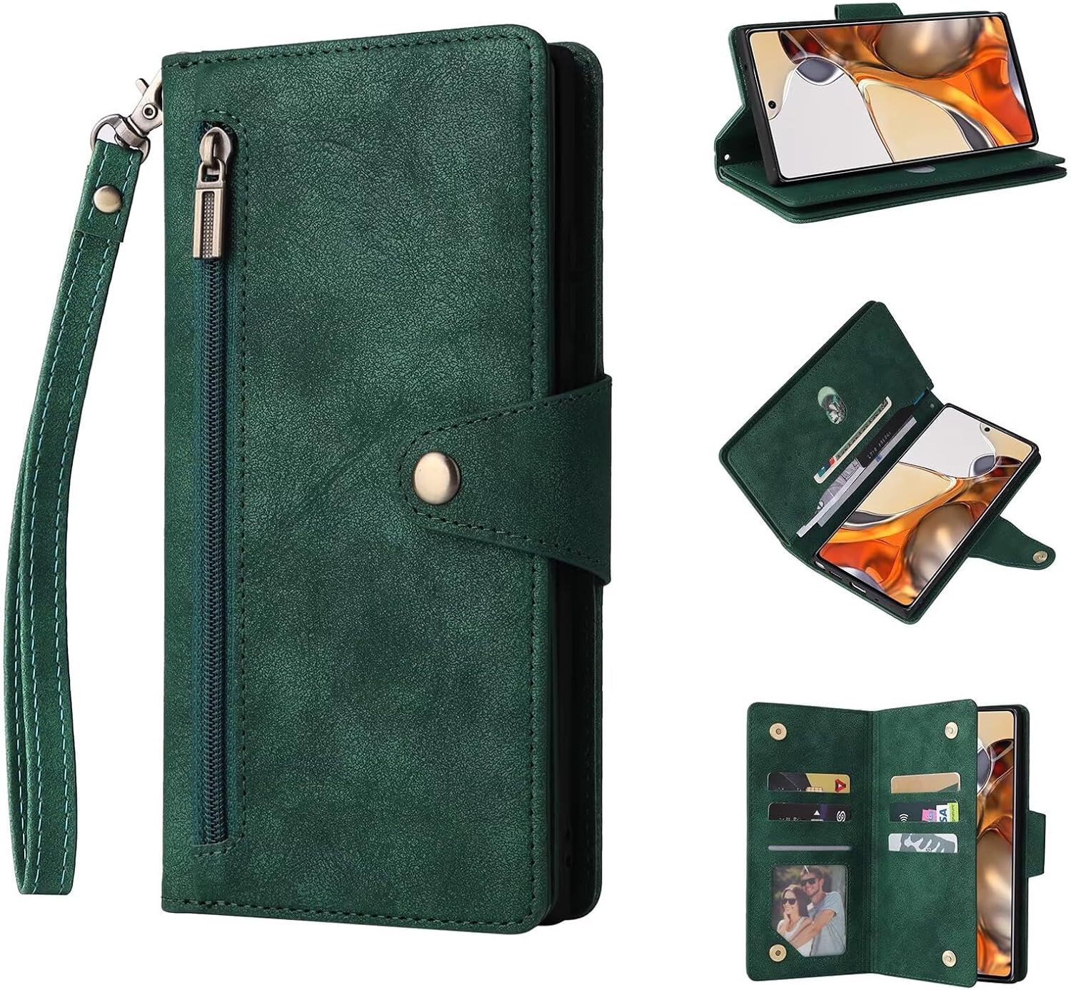 ESONG Cover for Google Pixel 10/10 Pro/9/9 Pro, PU Leather Book Wallet Case, Shockproof Protection Flip Wallet Case with Bracket, Card Slots, Magnetic Zipper, Lanyard-Green