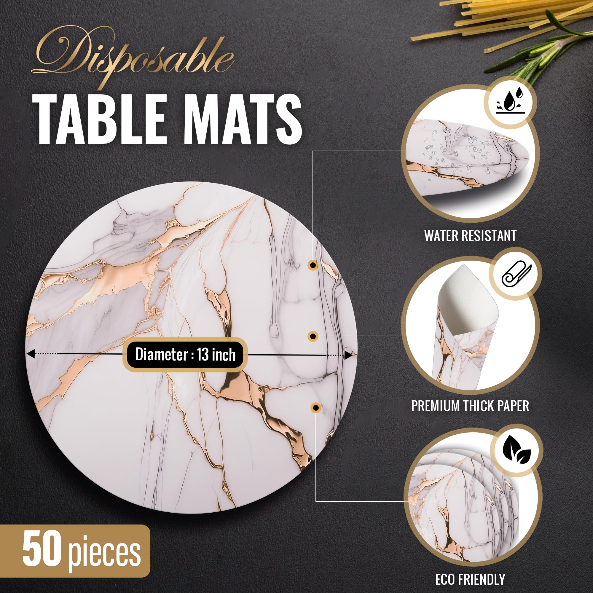 50 manteles individuales redondos de mármol blanco y dorado, manteles individuales de papel desechables de 13 pulgadas, tapetes de papel decorativos para mesa de comedor, banquete de boda,