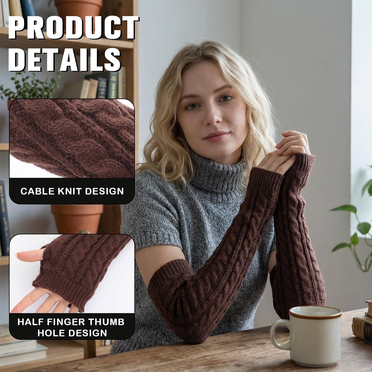 Suhine 2 Pairs Women Fleece Lined Arm Warmers, Cable Knit Long Fingerless Gloves Arm Sleeve Cute Warm Gloves for Winter - Image 4