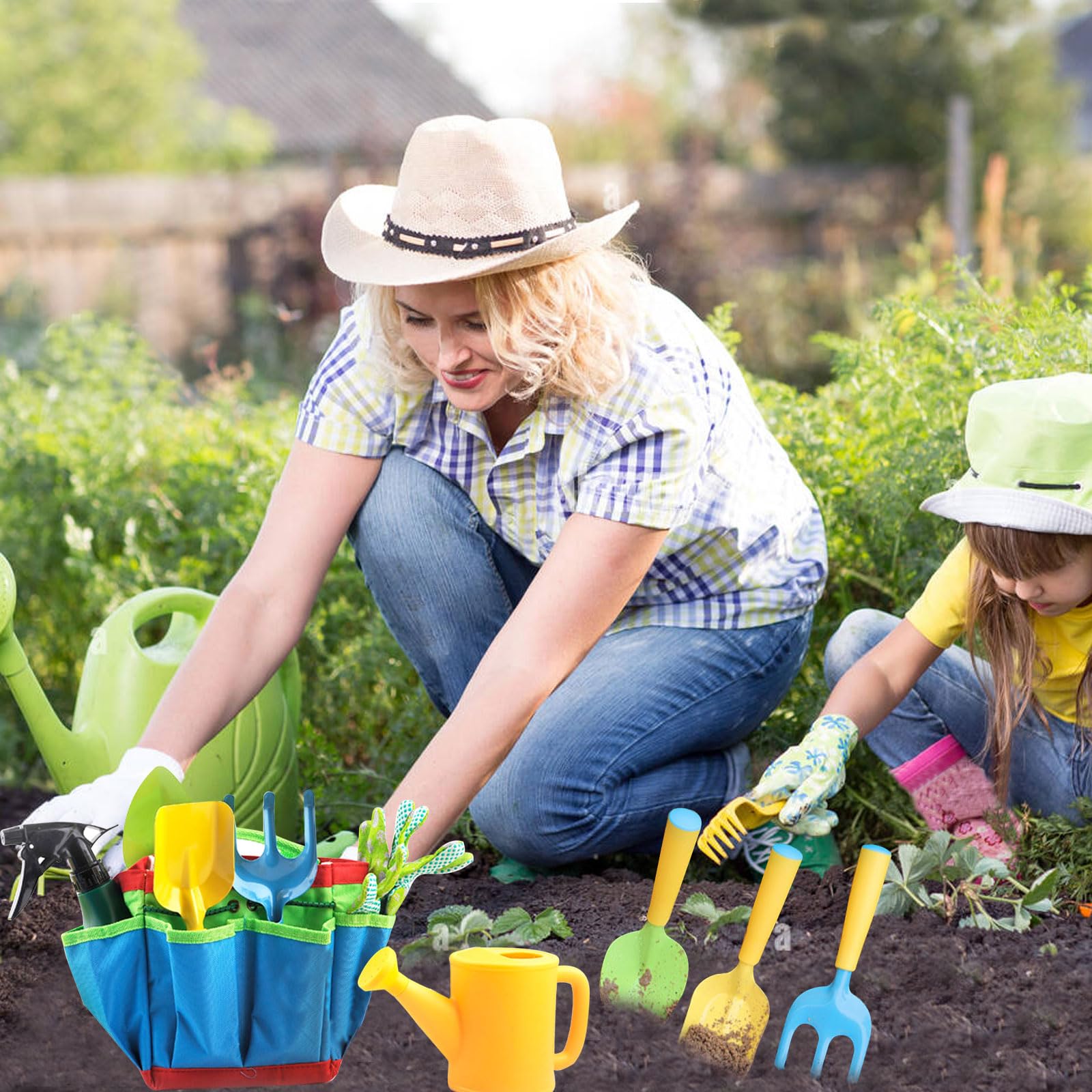 Set di attrezzi da giardinaggio per bambini, 23 attrezzi da giardinaggio, guanti da giardino per bambini, giocattoli per bambini con annaffiatoio pala rastrello, vanga, grembiule, giocattolo da