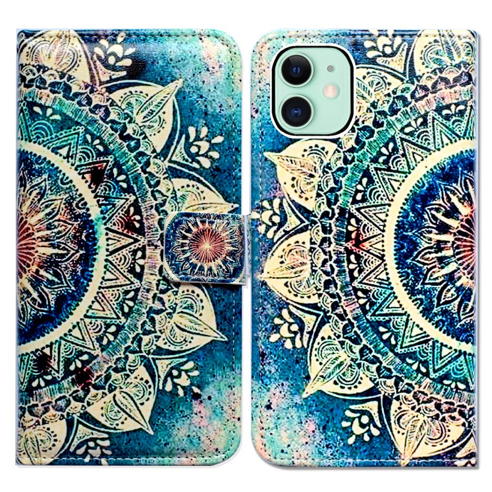 Bcov Case for iPhone 11, Green Circular Mandala Flip Leather Case Wallet Cover with Kickstand and Card Holder Slots Side Pocket Magnetic Closure for