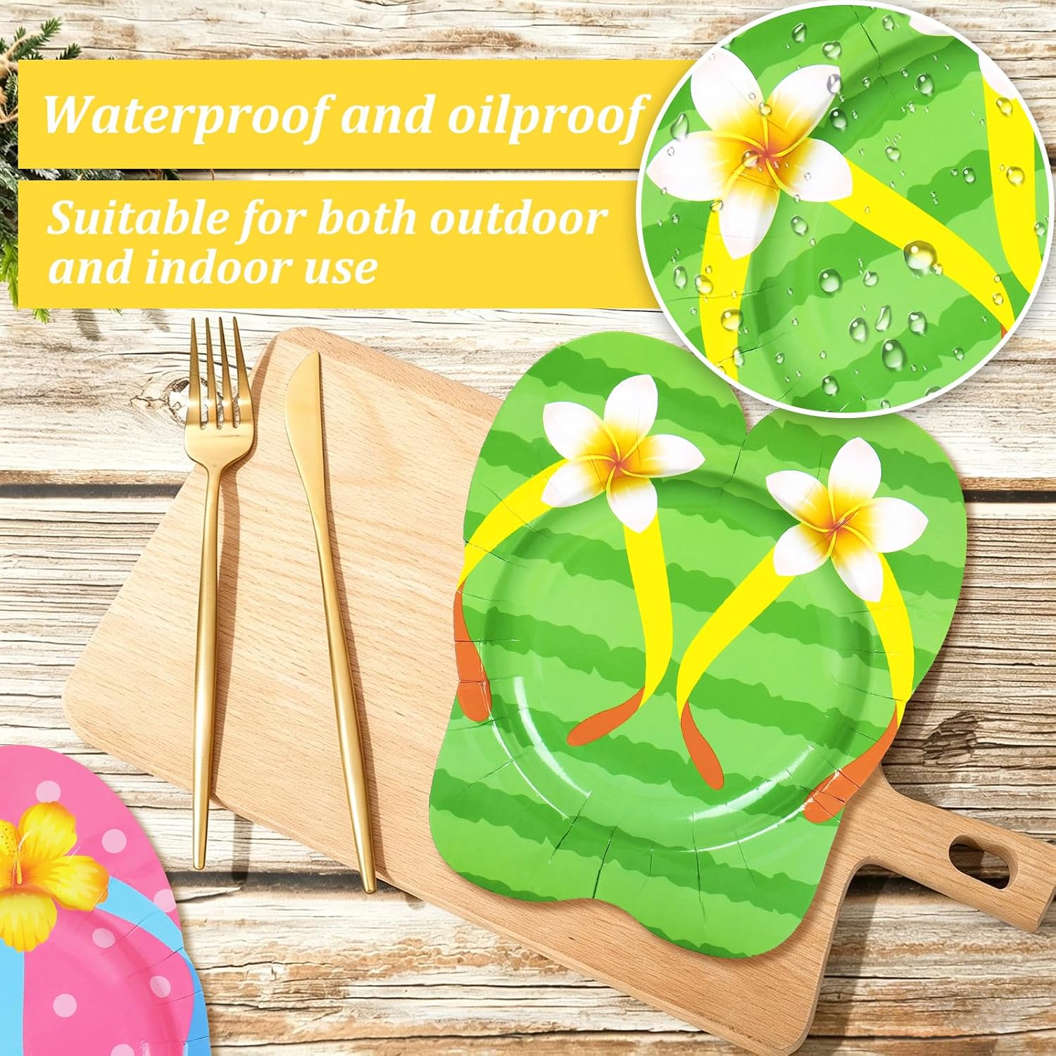 Whaline 24 Pcs Summer Paper Plates Disposable Plates Decorative Flowers Palm Leaves Flip-flops Shaped Tableware Dessert Plate for Aloha Hawaiian Luau Party Tableware Supplies