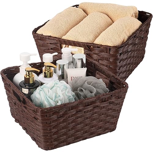Onlytak Plastic Wicker Storage Baskets, Bathroom Baskets for Shelves, Toilet Paper Storage Baskets, Woven Storage Baskets for Organizing, Brown, 12" x 12" x 6", 2-Pack