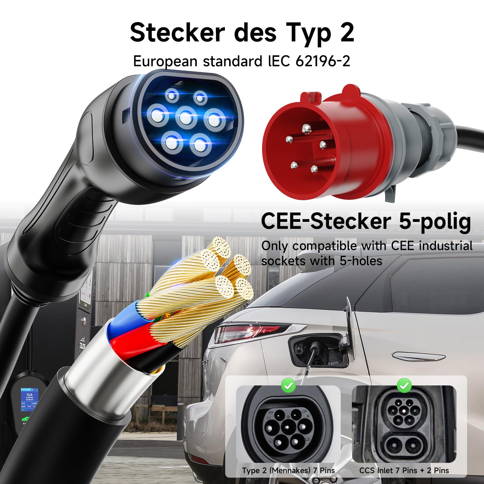 Mobile Wallbox 11kW mit APP, Typ 2 Ladekabel CEE Stecker [3-phasig|7m|6-16A] Ladekabel CEE 16A auf Typ 2, EV-Charger für IEC 62196-2