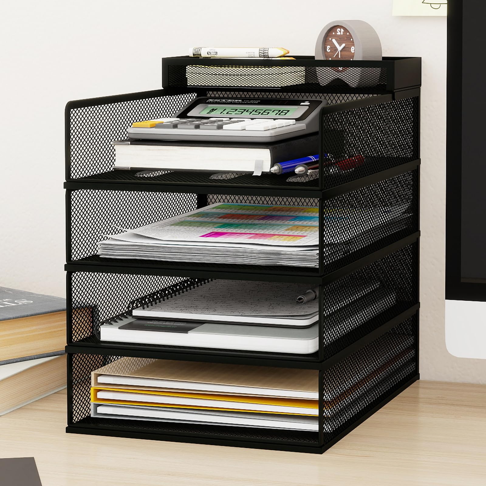 PUNCIA Porta Documenti da Scrivania in Metallo a 4 Livelli Organizer | Documenti Vassoio Porta Documenti Accessori Ufficio Vassoio per Lettere A4 Tavolo per Ufficio Domestico e Scola (Nero)