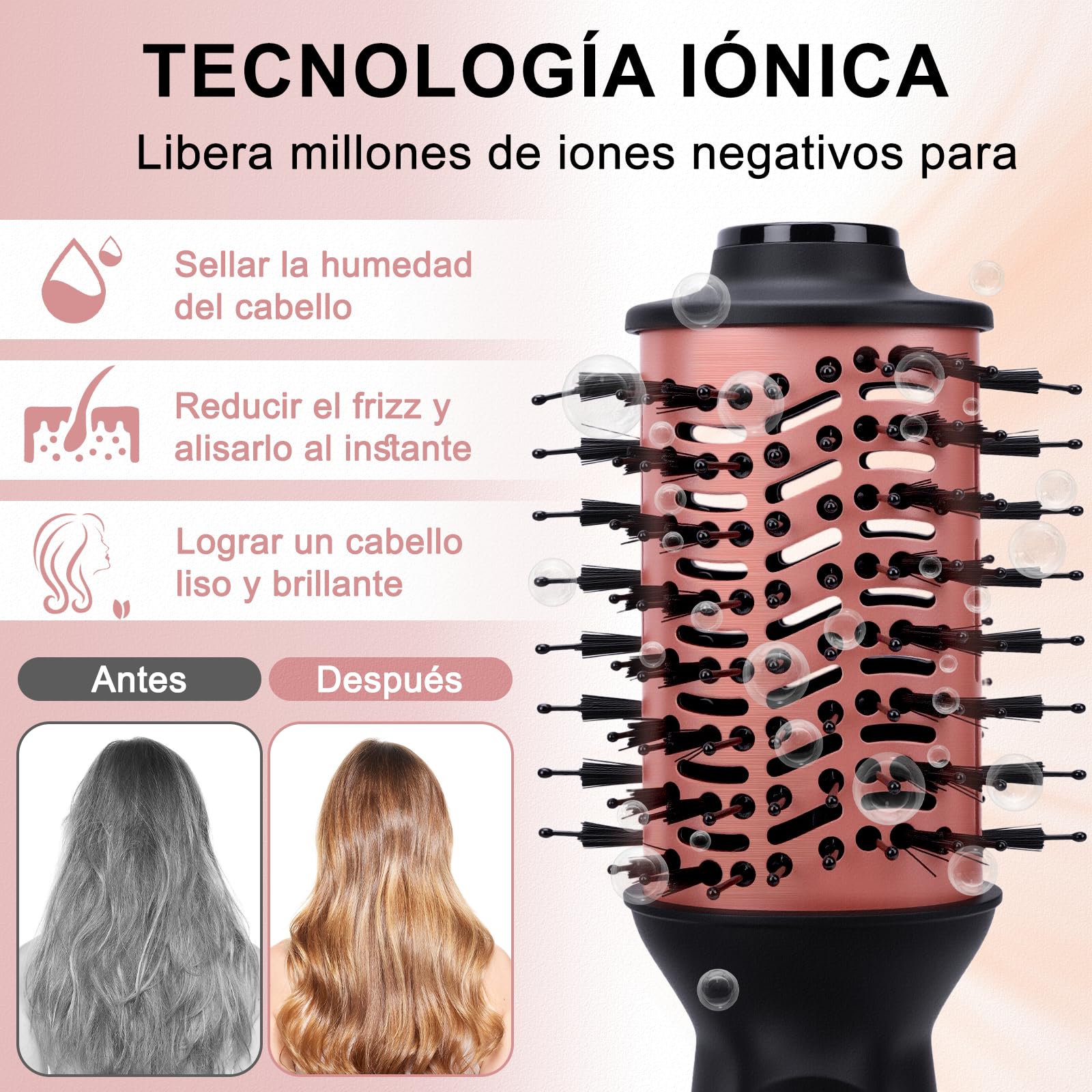 Cepillo Secador de Aire Caliente Viaje, 3 Temperaturas Alisar/Rizar, 275g, Doble Voltaje 110-240V 700W, Incluye Bolsa Almacenamiento y Guantes Anticalor