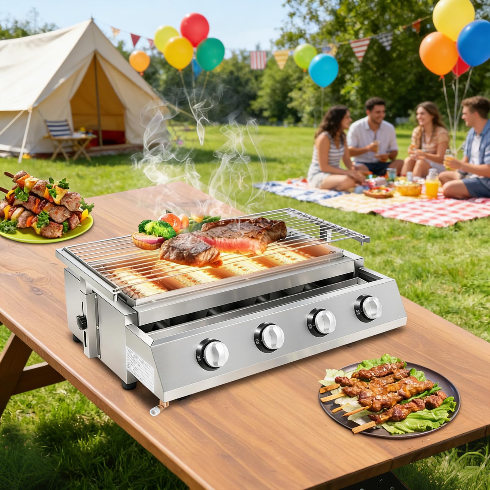 Parrilla de gas portátil de acero inoxidable, parrilla de gas profesional con parrilla, 4 quemadores de acero inoxidable, superficie de parrilla de aproximadamente 55,8 x 23,2 cm, parrilla de gas BBQ