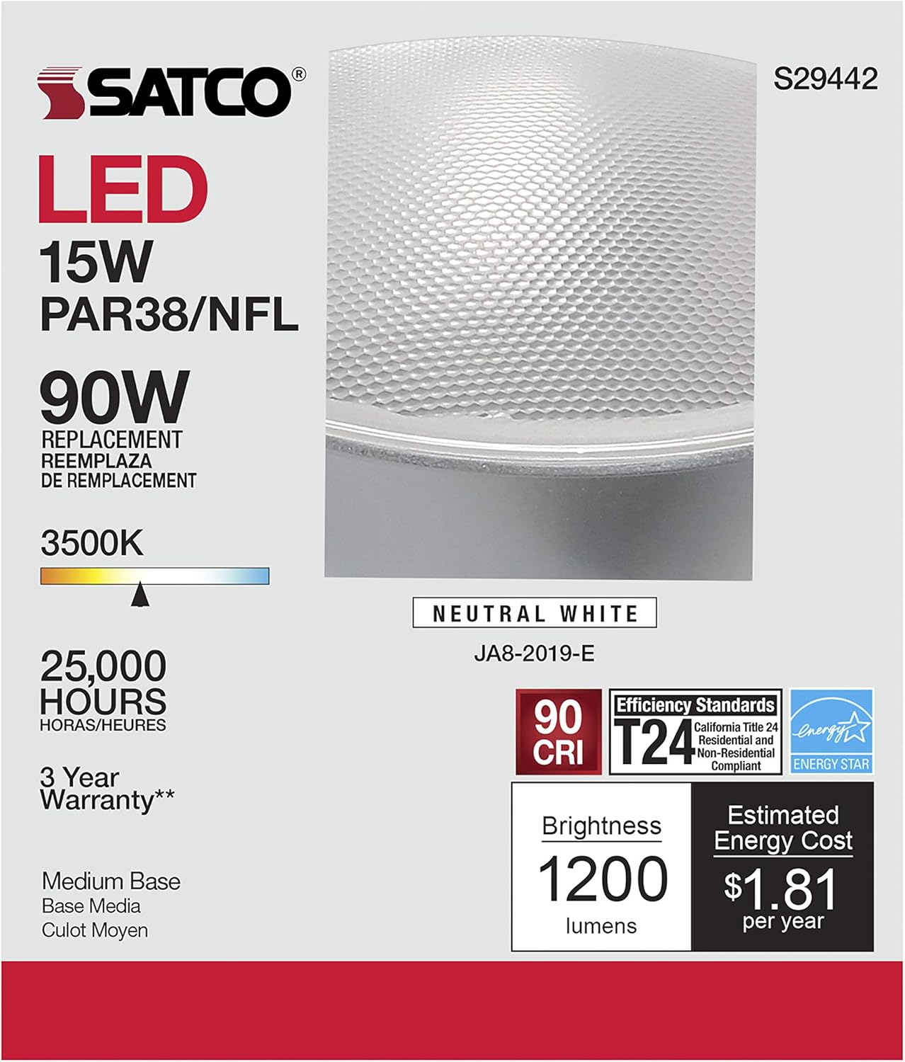 Satco S29442 15 Watt; PAR38 LED; 3500K; California Compliant 6-Pack