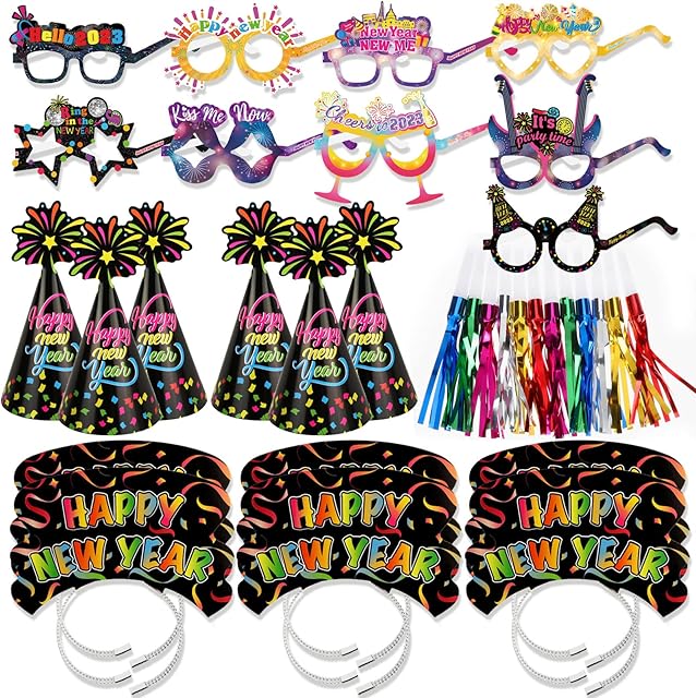 DPKOW 2023 New Year Eve Party Supplies Photo Booth Props New Year Colorful Headband Fringed Blowers Paper Eyeglasses Cone Hats for 2023 New Years Eve Party Decorations Party Favor,42 Pieces