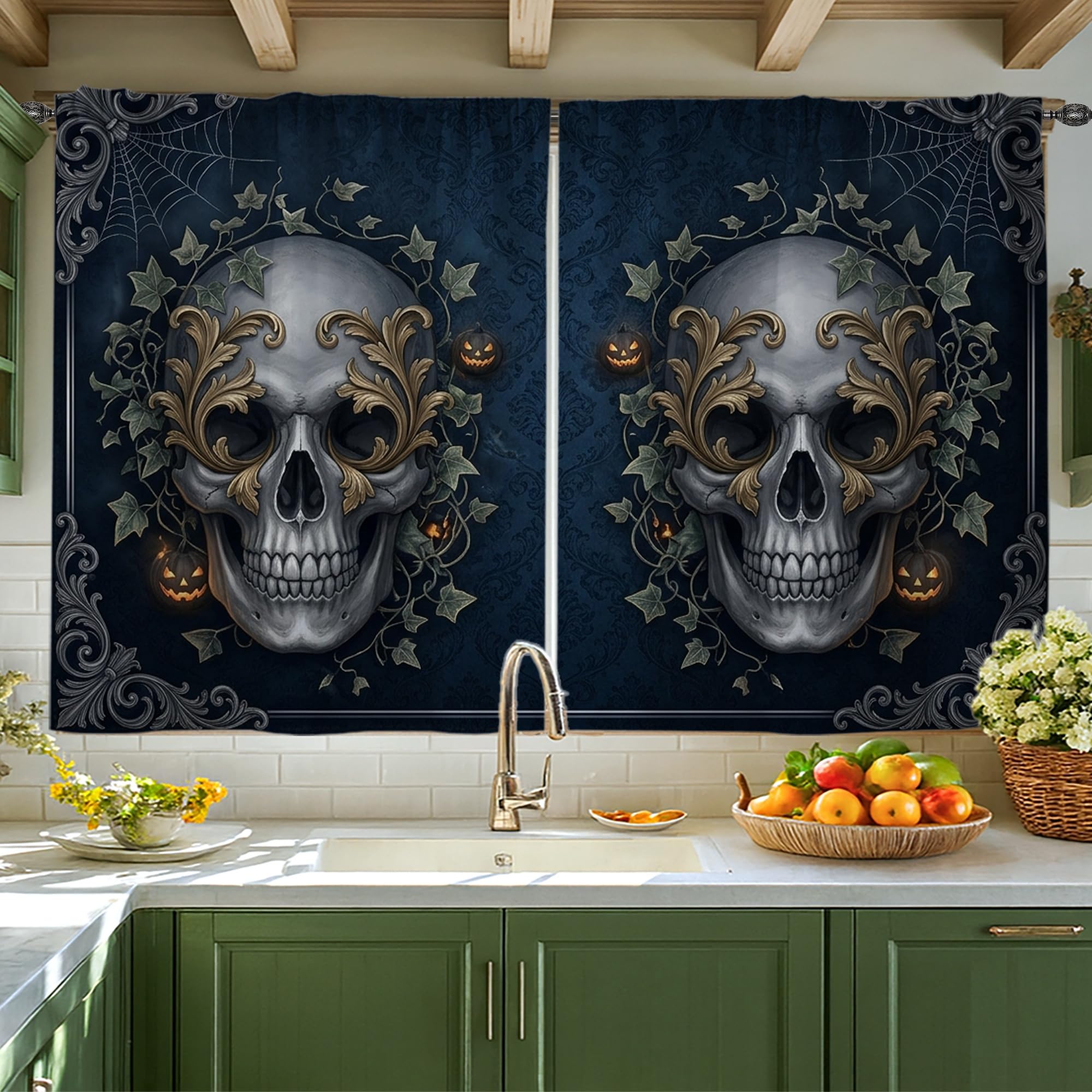 Rideaux gothiques Halloween noirs 106x114 cm pour petite cuisine