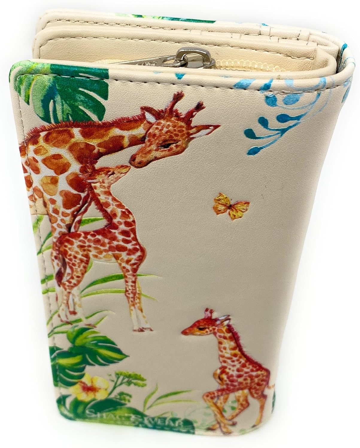 Shag Wear Giraffe Large Women’s Wallet, Vegan Faux Leather Bifold with Card Slots, Bill Compartments and Secure Snap Closure in Beige 7"