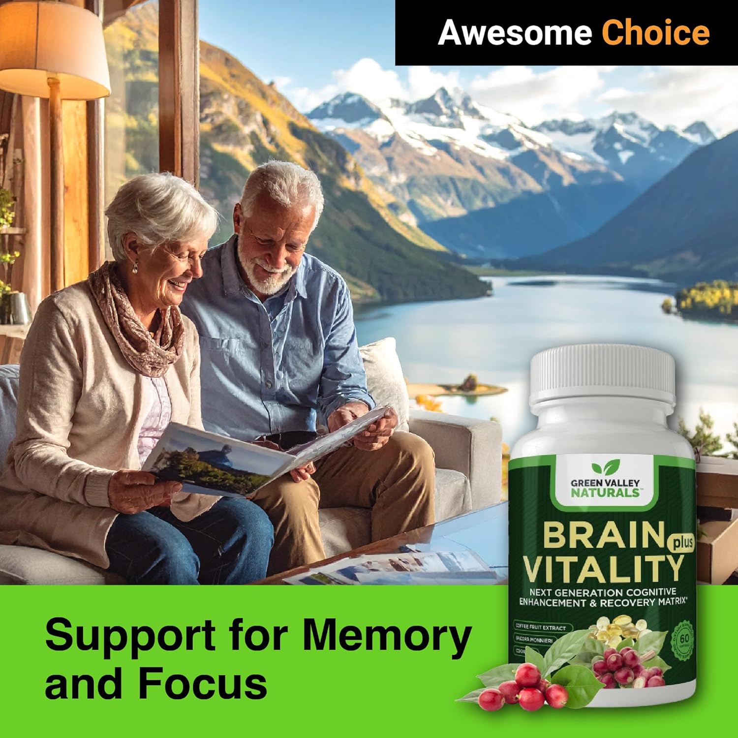 GREEN VALLEY NATURALS Brain Vitality Plus™ – Brain Health & Cognitive Support for Memory, Focus & Mental Clarity with Cognizin® Citicoline, Bacopa Monnieri & DHA Omega-3 | 60 Softgels