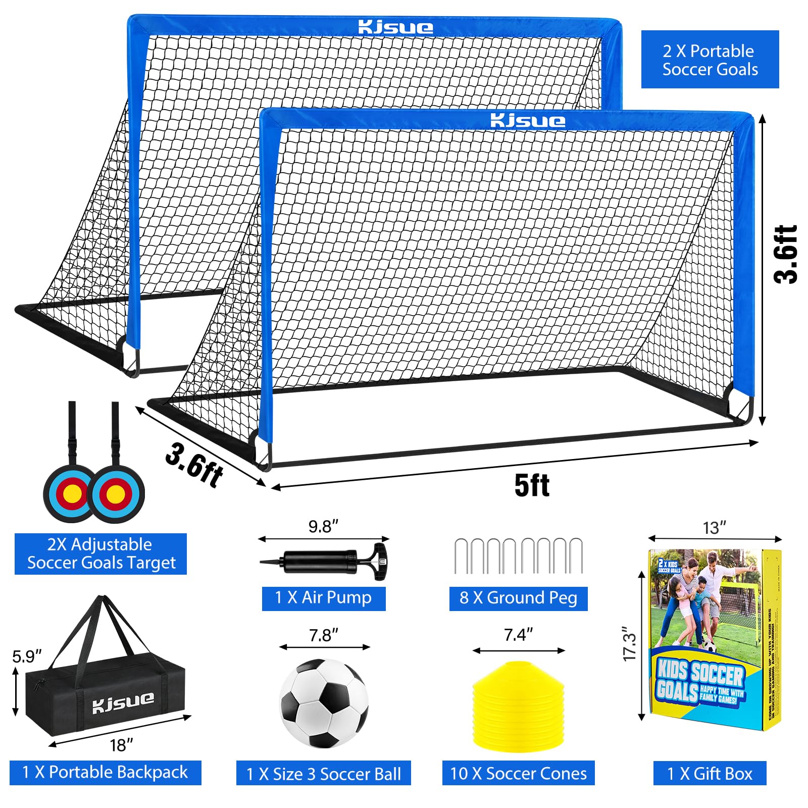 Portería de fútbol para niños, juego de 2 porterías de fútbol para patio trasero, 5 x 3.6 pies, equipo de entrenamiento de red de fútbol portátil con objetivos para niños de 3 a 5 años 6-8 8-12 10-12 2