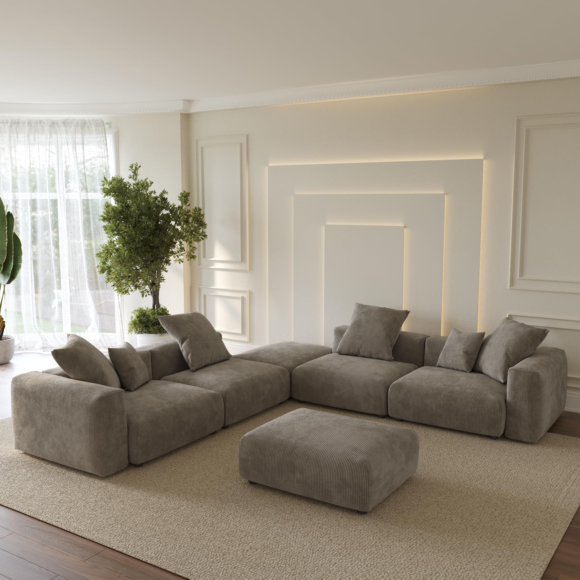 WJShome Oversized Modular Sectional Sofa with Ottomans,6 Seater Corduroy V Shaped Reversible Corner Couch,141.73" Convertible Sofa & Couch Free Combination for Living Rooom,Brown