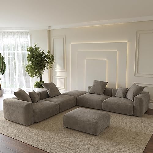 Oversized Modular Sectional Sofa with Ottomans,6 Seater Corduroy V Shaped Reversible Corner Couch,141.73" Convertible Sofa & Couch Free Combination for Living Rooom,Brown