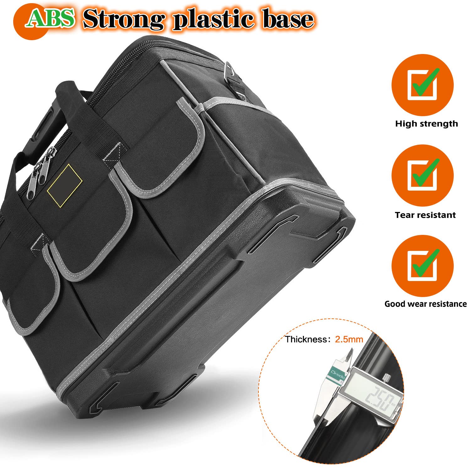 Borsa Attrezzi da 16 Pollici Multitasche con Base Sagomata a Prova d'Acqua, Tracolla Regolabile, per porta utensili professionali e attrezzi pesanti per il lavoro, Nero