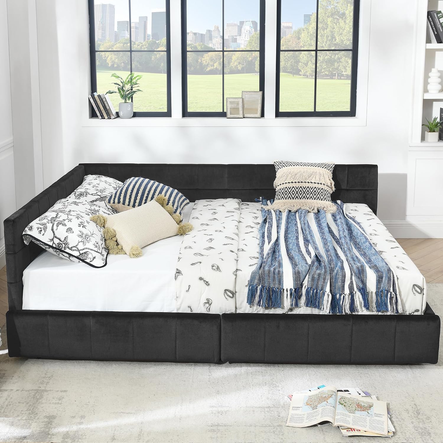 Queen size corner bed frame positioned in a room corner