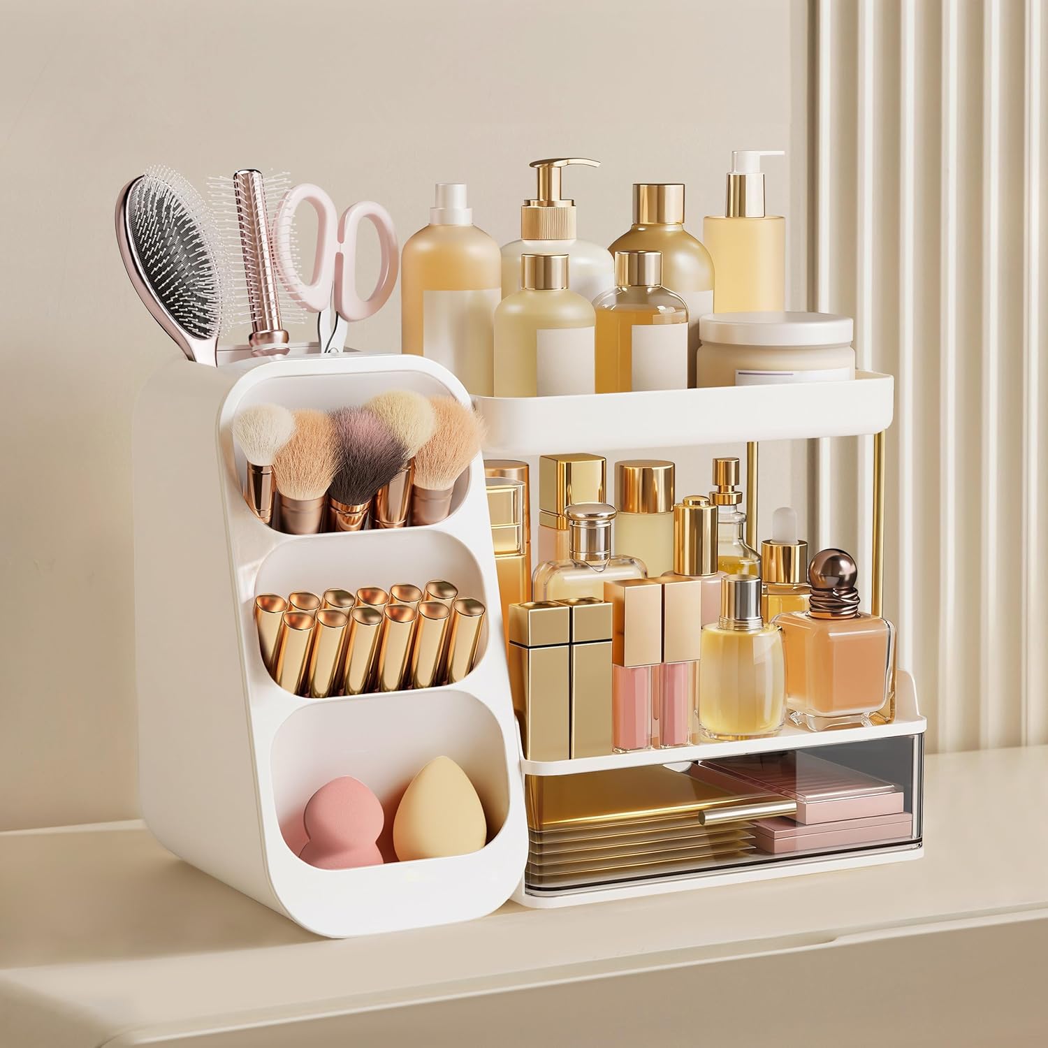 HBlife Bathroom Organizers and Storage with Brush Holder for Vanity, 3 Tier Plastic Makeup Organizer for Dresser Counter, Skincare, Lipstick, Perfume, and Cosmetic Storage