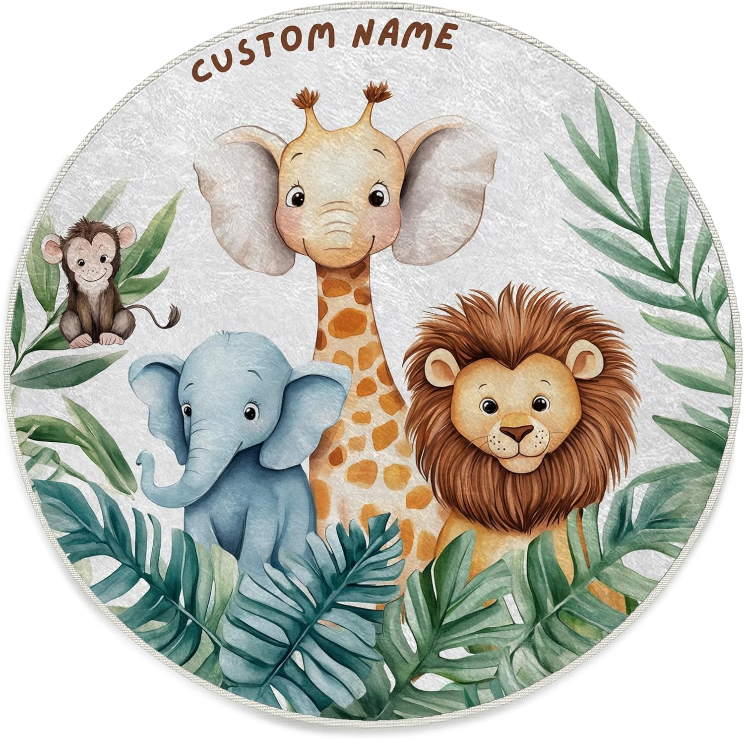 Personalized Safari Nursery Rug with Name – Washable Round Rug for Baby Room, Safari Animal Kids Rug, Custom Jungle Theme Area Rug for Nursery Decor, Cute Playmat for Kids