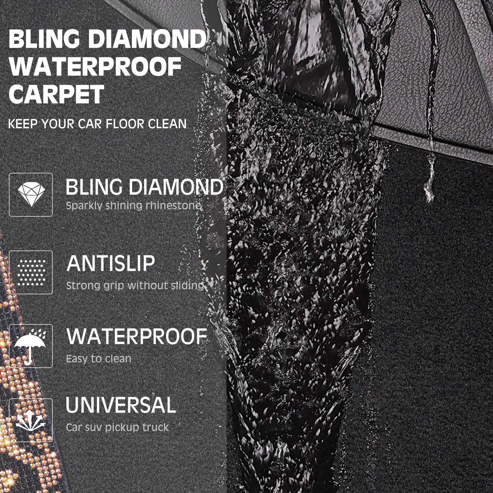 CAR PASS Bling Diamond Car Floor Mats Shining Rhinestone Carpet Sparkly Glitter Crystal with Anti-Slip PVC Heel Pad — view 7