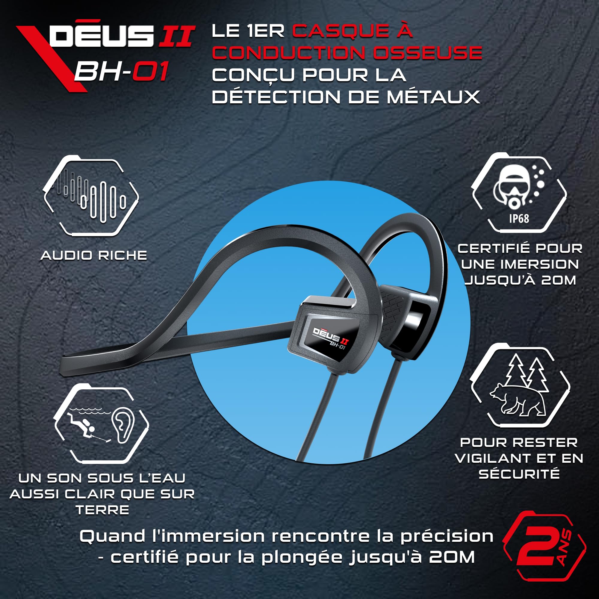 XP METAL DETECTORS BH-01 Casque à Conduction osseuse Filaire IP68 pour Deus II détection métaux sous-marine 20m