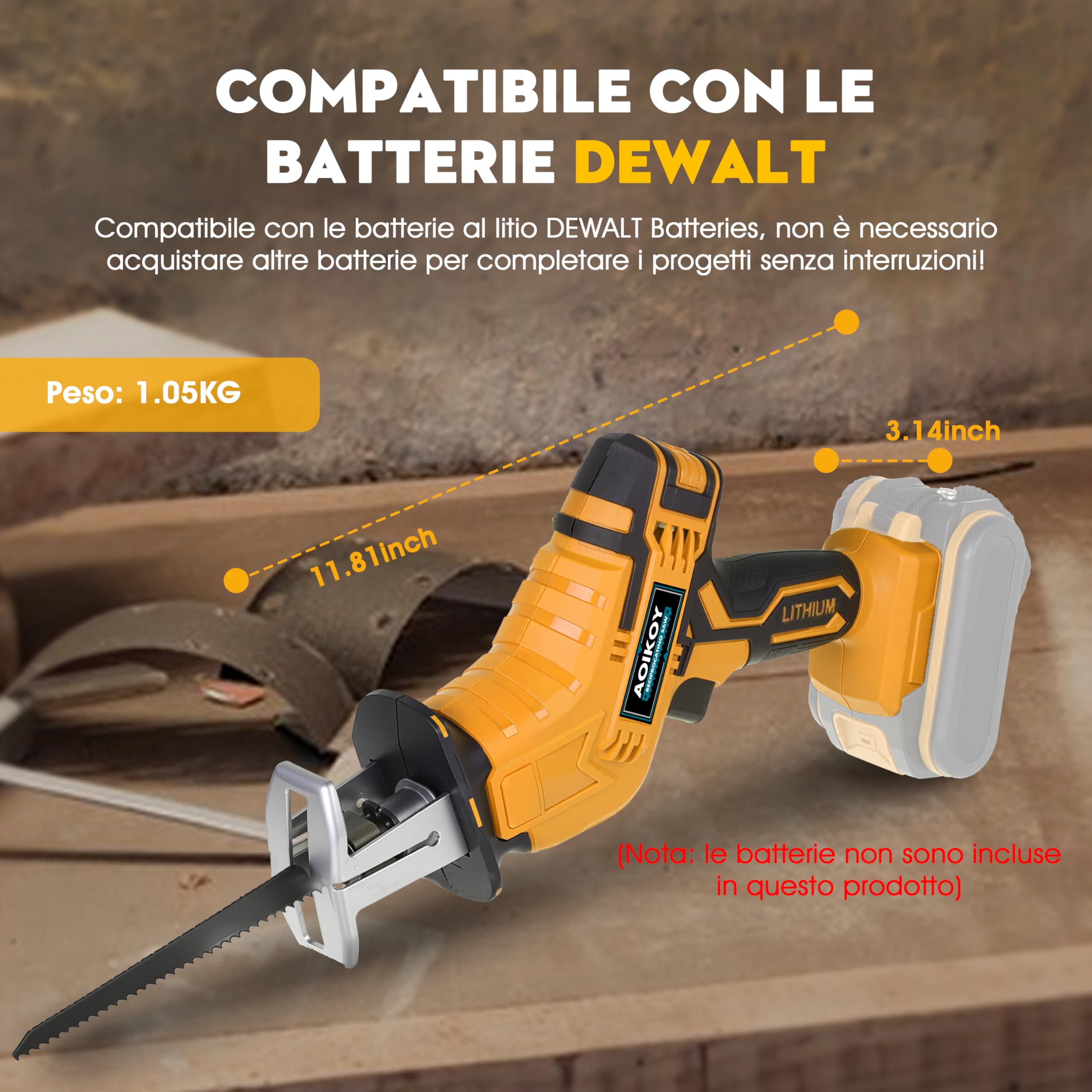 Sega a Gattuccio Compatibile con Dewalt 21V, Seghetto Elettrico Senza Filo con 4 Lame, Velocità Regolabile 0-2500 RPM per Taglio di Legno/Metallo/PVC (Senza Batteria)