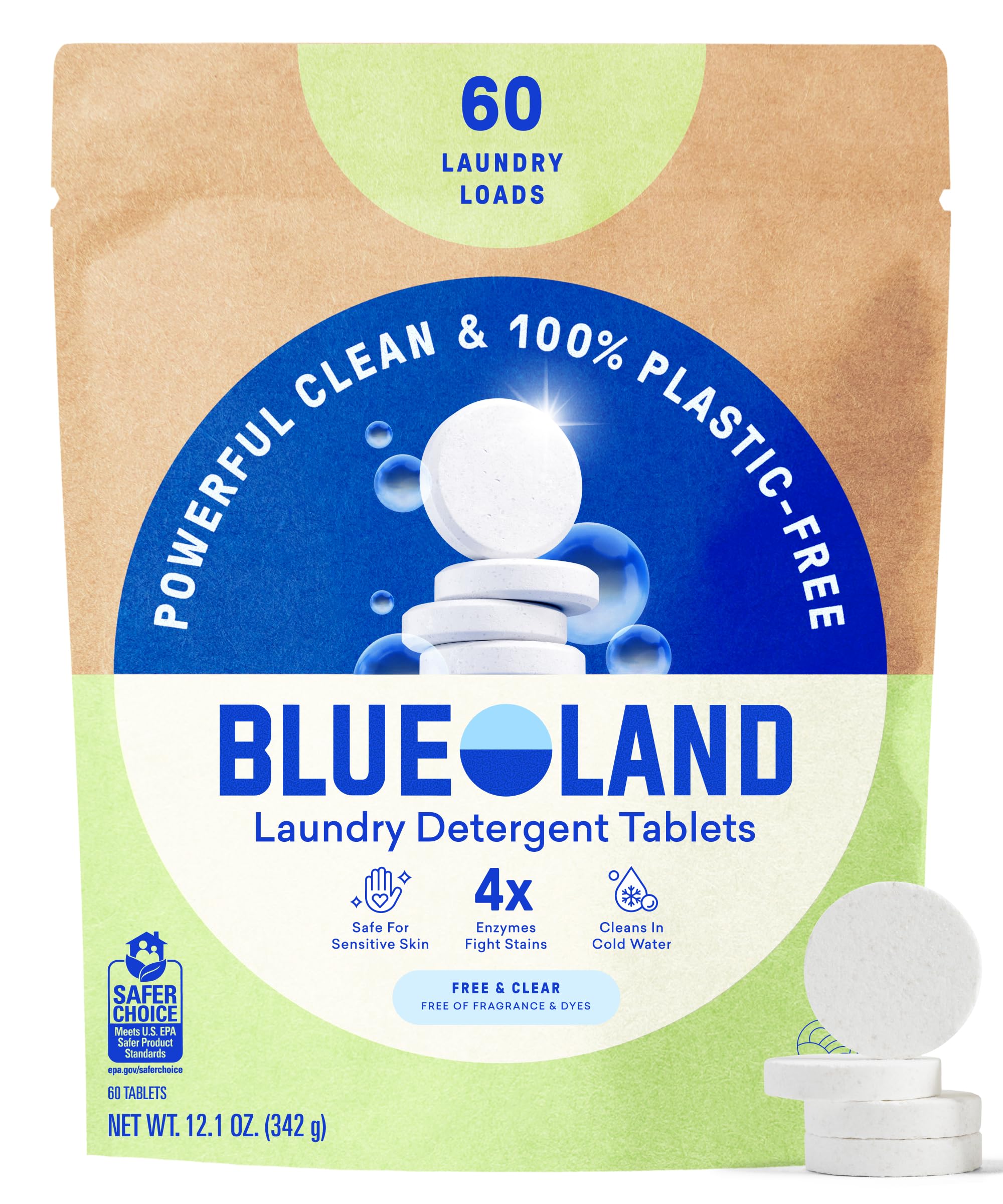 BLUELAND Waschmitteltabletten, 60 Stück, plastikfreie Alternative zu Kapseln, Laken oder Flüssigkeiten, natürlich, nachhaltig, umweltfreundlich, Waschmittel im Beutel