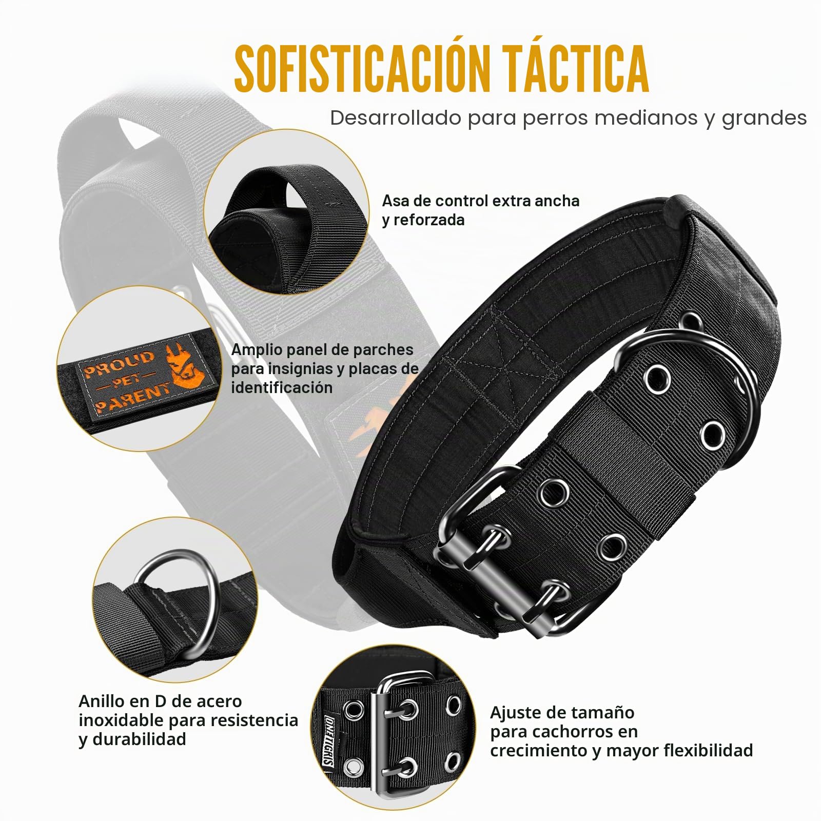 OneTigris - Collar de 5 cm de ancho para perros grandes con asa y parche, negro, L