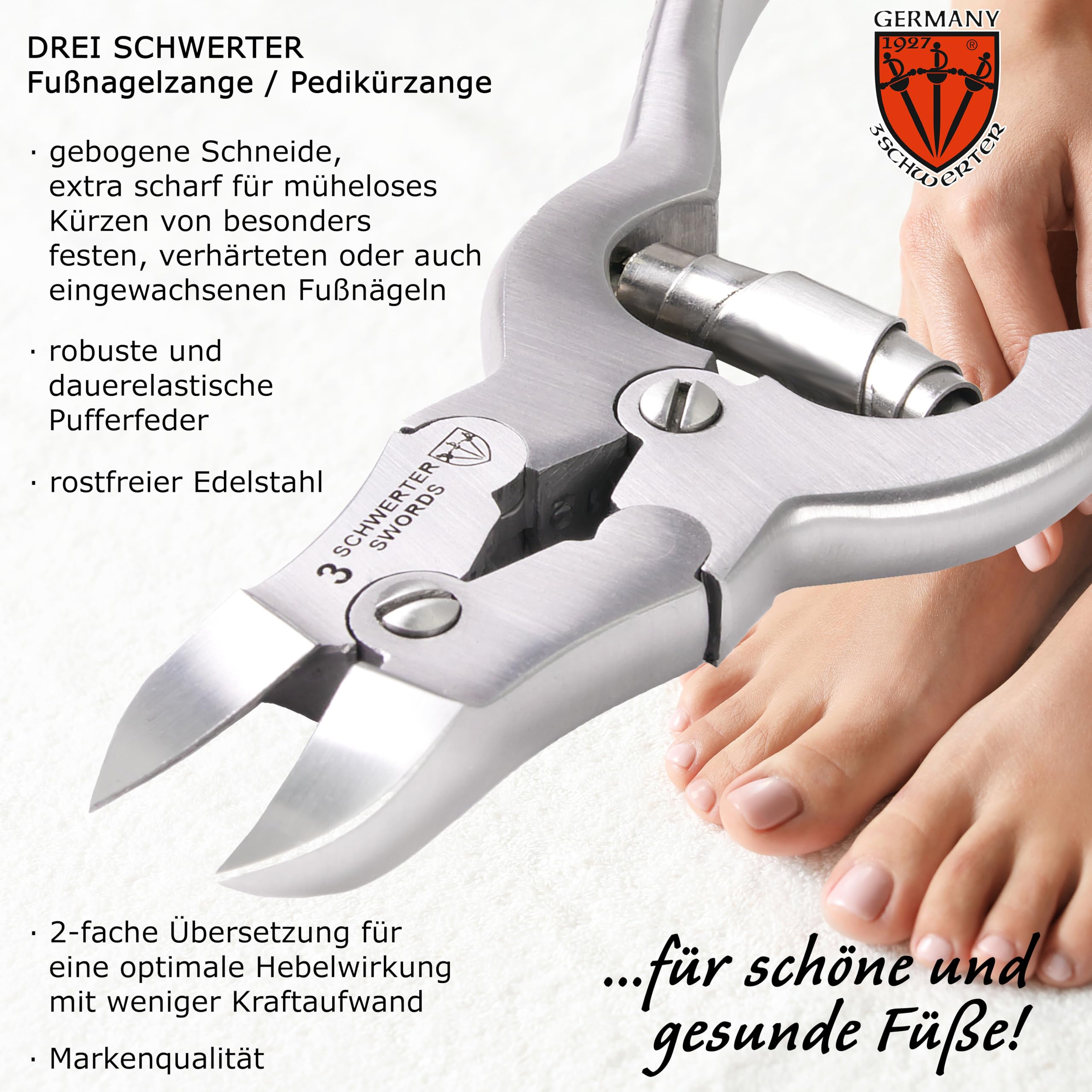 DREI SCHWERTER Stabile Nagelzange Fußnagelzange Pedikürezange 14,5 cm aus rostfreiem Edelstahl für die Pediküre im Kunstlederetui - Markenqualität