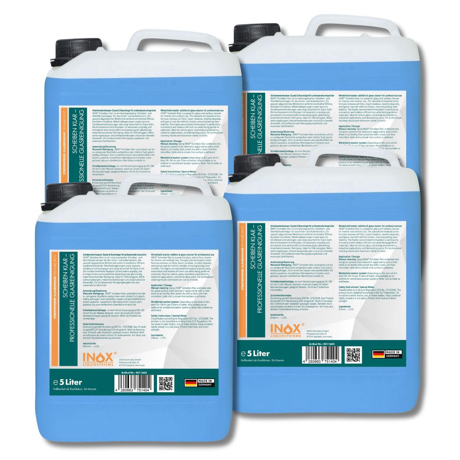 INOX® Scheibenreiniger Konzentrat 4 x 5 L – Scheibenwischwasser-Zusatz für Autoscheiben | Universeller Glasreiniger für Wischwasser | Konzentrat für Glatte Oberflächen