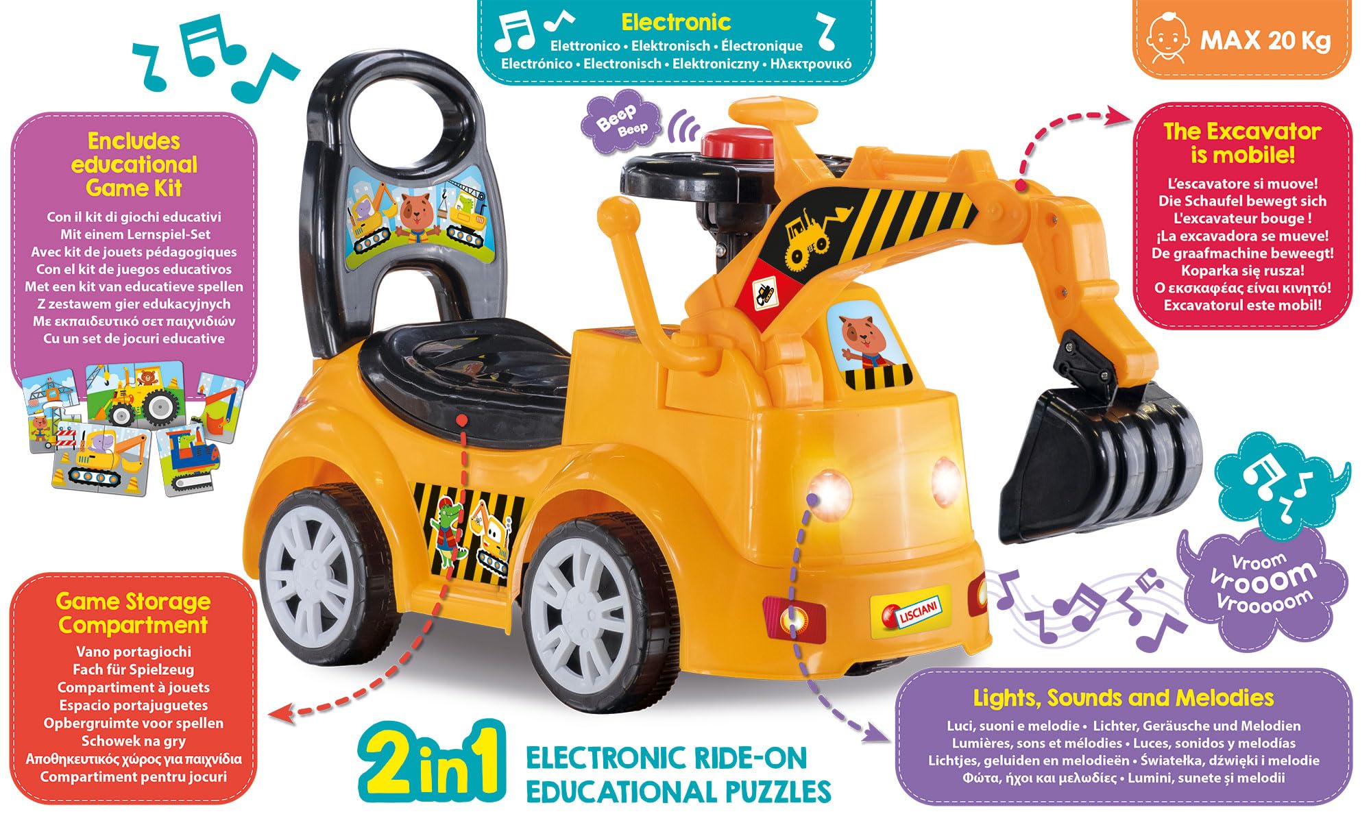 Lisciani - Bulldozer - Porteur Electronique Parlant - Jouet Educatif - Lumières, Sons et Mélodies - Bras Mécanique - Jaune et Noir - De 9 à 36 Mois - Carotina Baby