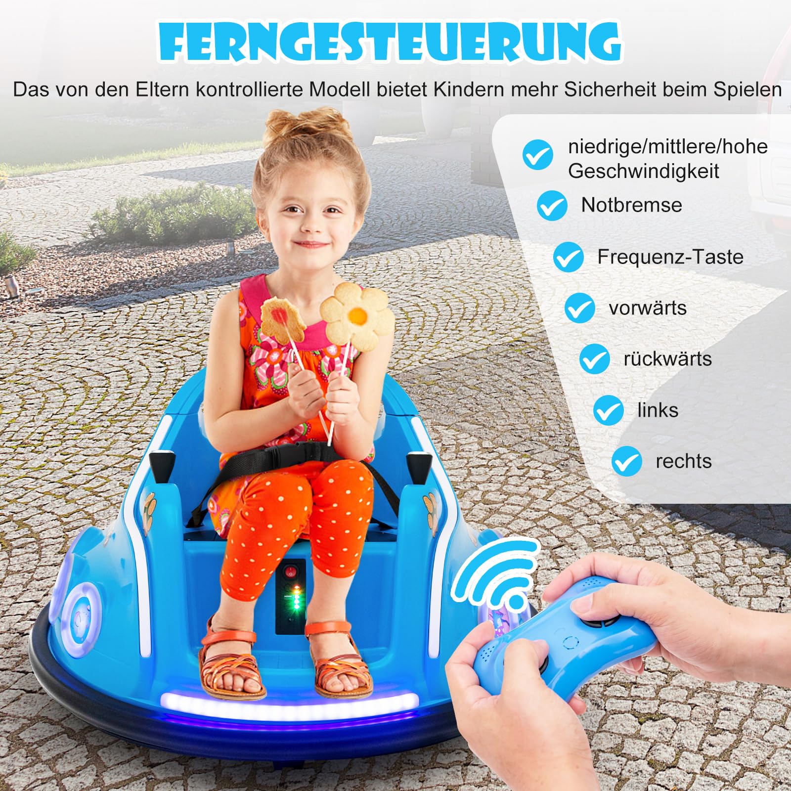 COSTWAY 12V Kinder Autoscooter 360 Grad Rotation, Elektro Bumper Car mit Musik und Lichtern, inkl. 2,4 Ghz Fernbedienung, ideal für Kinder ab 3 Jahre (Blau)