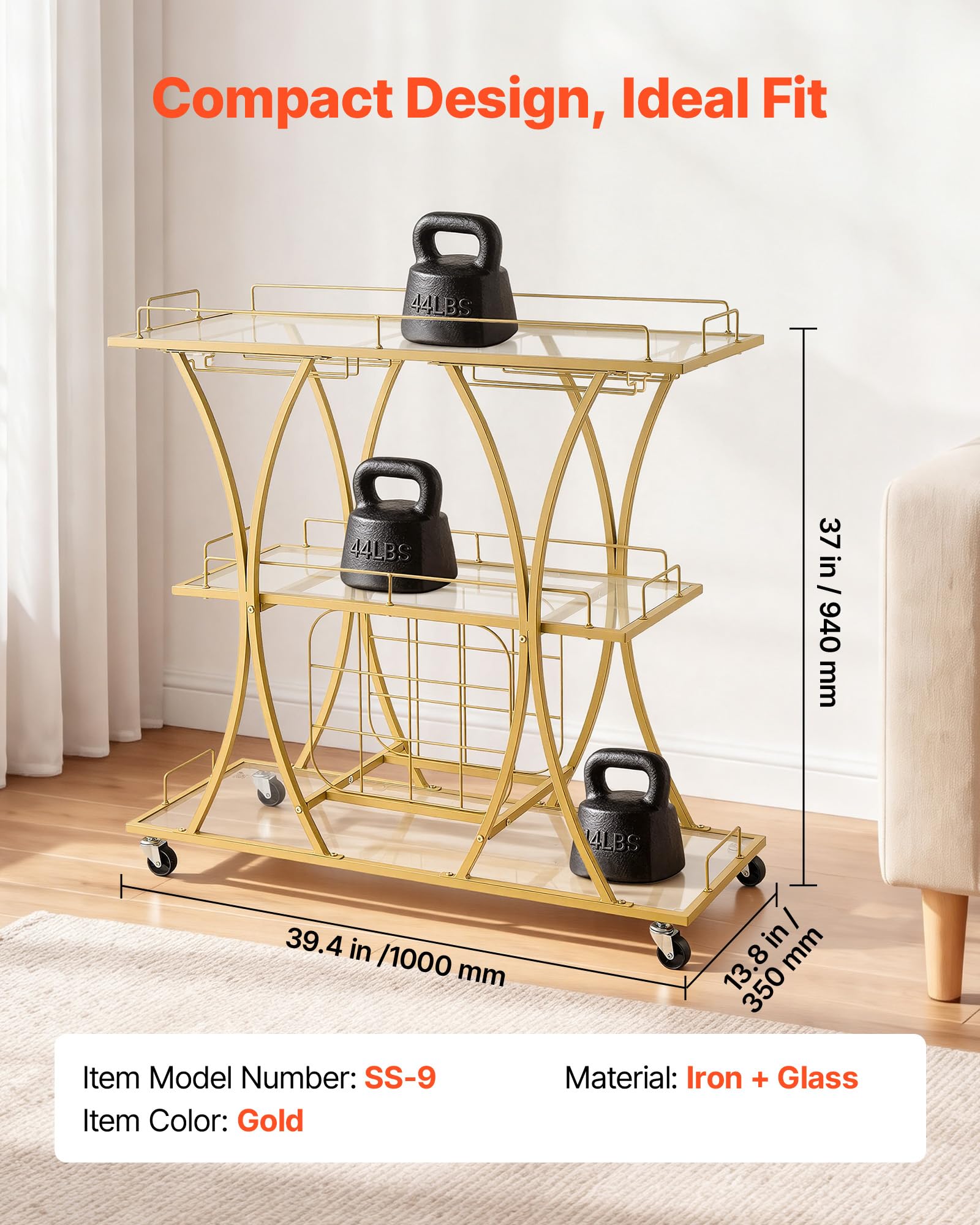 VEVOR Carro de Bebidas con Botellero de 3 Niveles, Carrito de Servicio con Ruedas, Estantes de Vidrio Espejado, Soporte para Copas, para Sala de Estar, Comedor, Cocina, 100 x 35 x 94 cm, Dorado