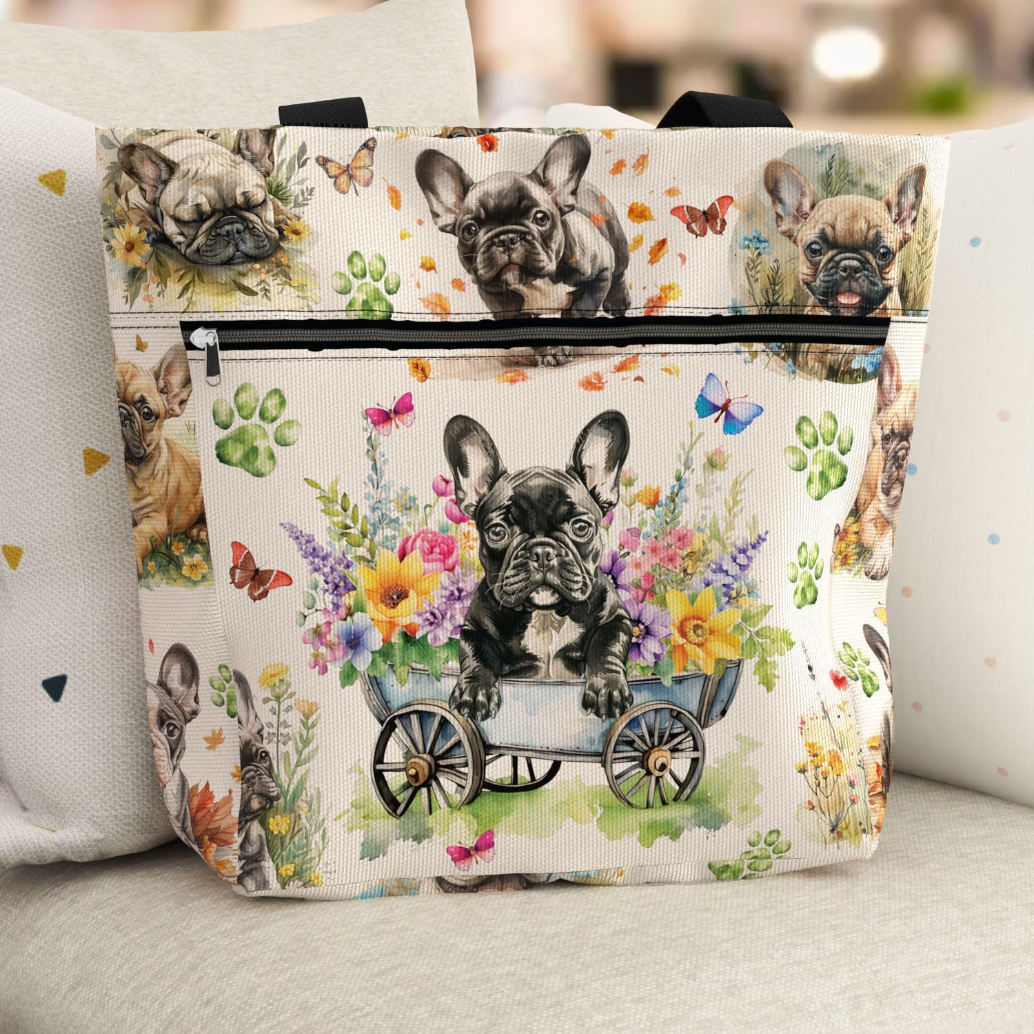 84hoods Large Waterproof Tote Bag for Work with Pockets and Zipper for Women. Gift for French Bulldog Lover, Frenchie Owner.