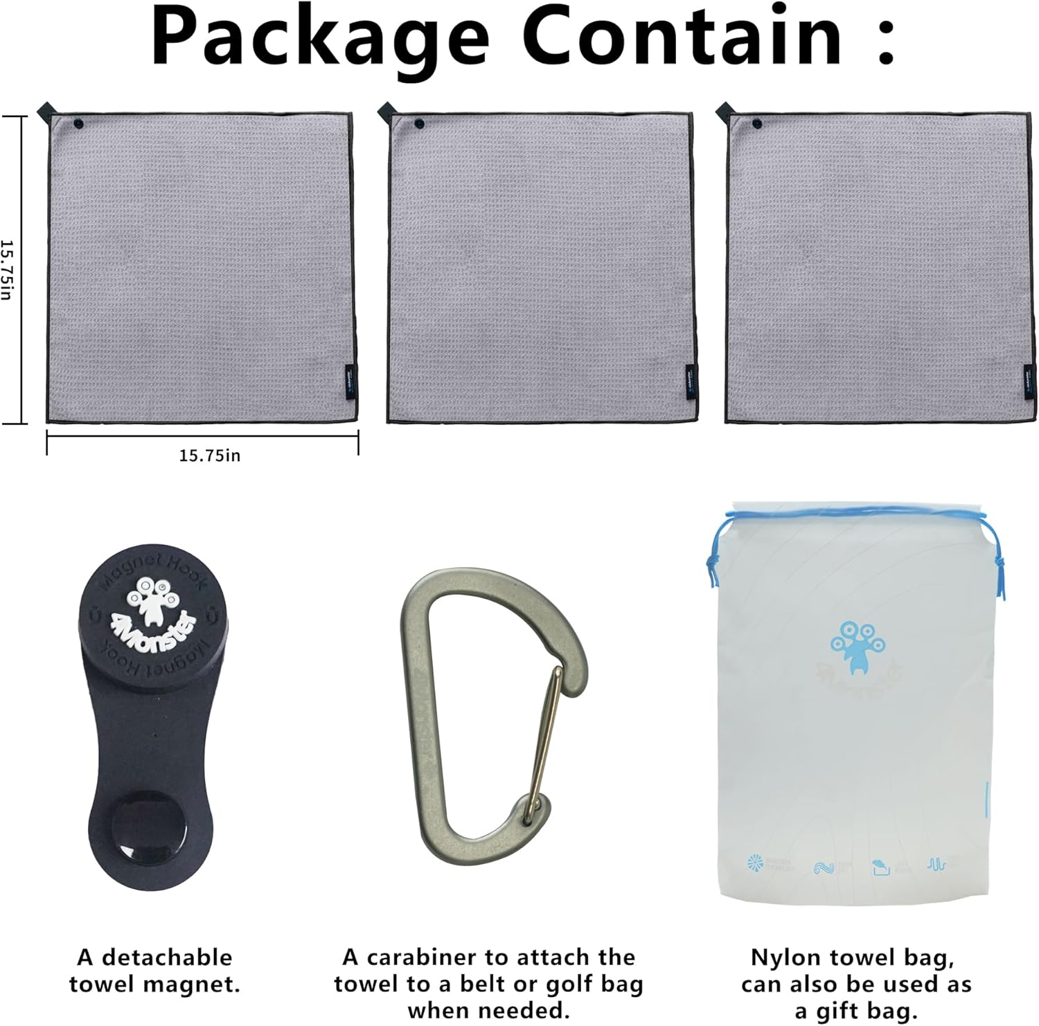 4Monster Golf Towels 3-Pack with Detachable Magnet and Portable Pouch, Quick-Dry Microfiber Golf Towel Set for Golf Bags,Custom Towel Gifts for Men or Women (3, Grey) - Image 4