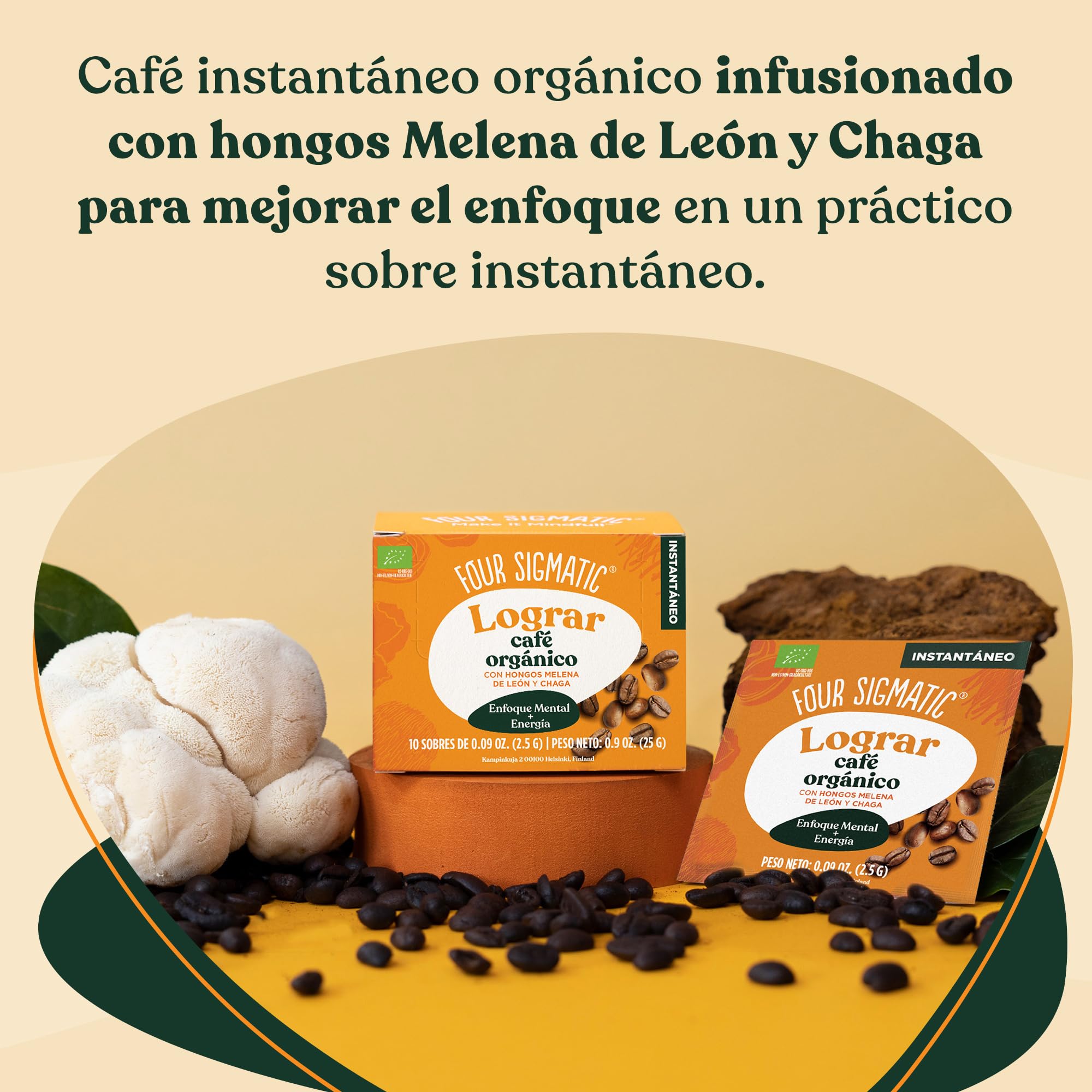 Four Sigmatic Café instantáneo orgánico en polvo de | Café instantáneo arábica individual con melena de león, chaga y rodiola | Mezcla instantánea de café de hongos para una mejor concentración y
