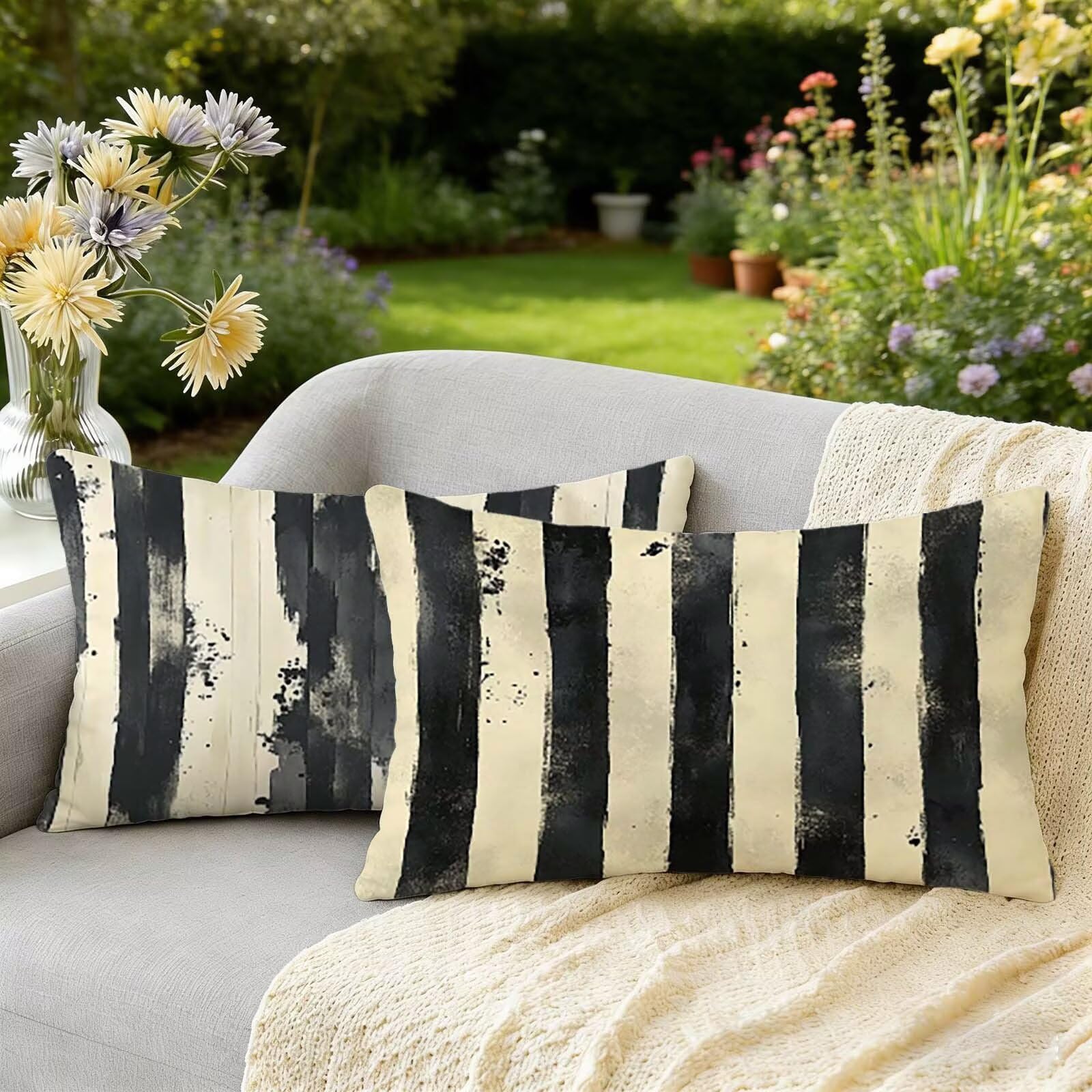 Coussin extérieur imperméable 40x60 cm gris lot de 2 en lin abstrait pour décoration été