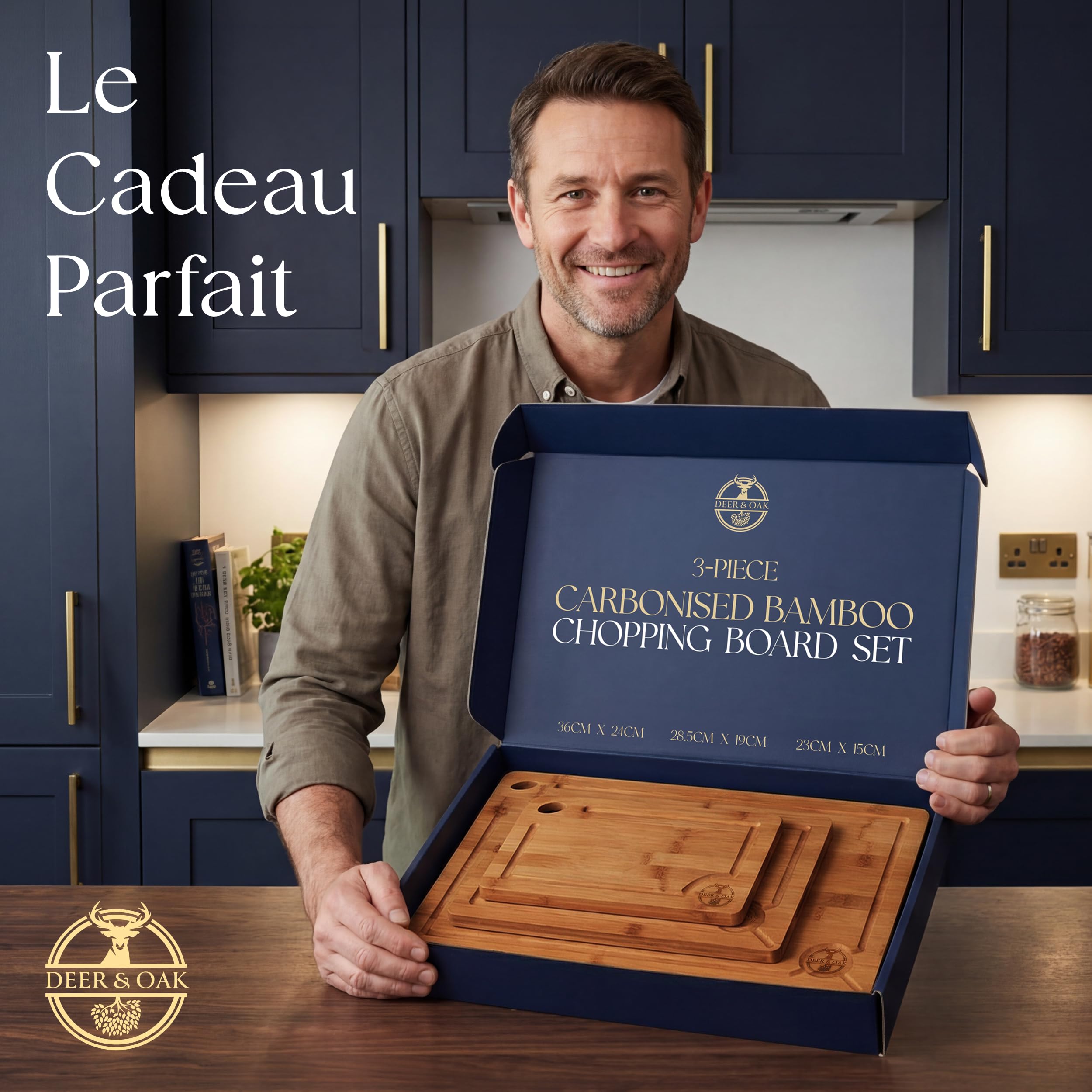 Deer & Oak Lot de 3 Planches à Découper Bambou Carbonisé Pré-huilées | Trou de suspension · Technologie 260 °C · Aussi pour le service de charcuterie