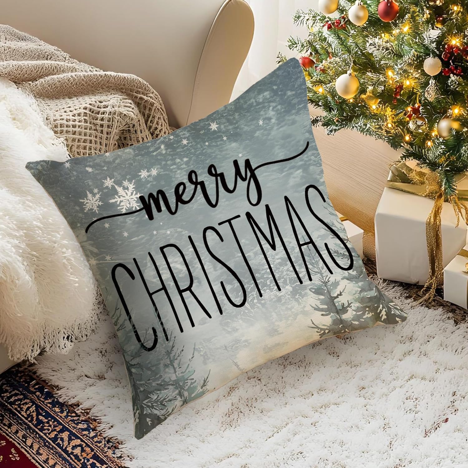 Winter Blue Forest Pillow Covers Merry Christmas 18 x 18 Inch Throw Pillows, Xmas Deers Snowman Cardinal Seasonal Decorative Farmhouse Cushion Case for Sofa Couch Set of 4 - Image 5