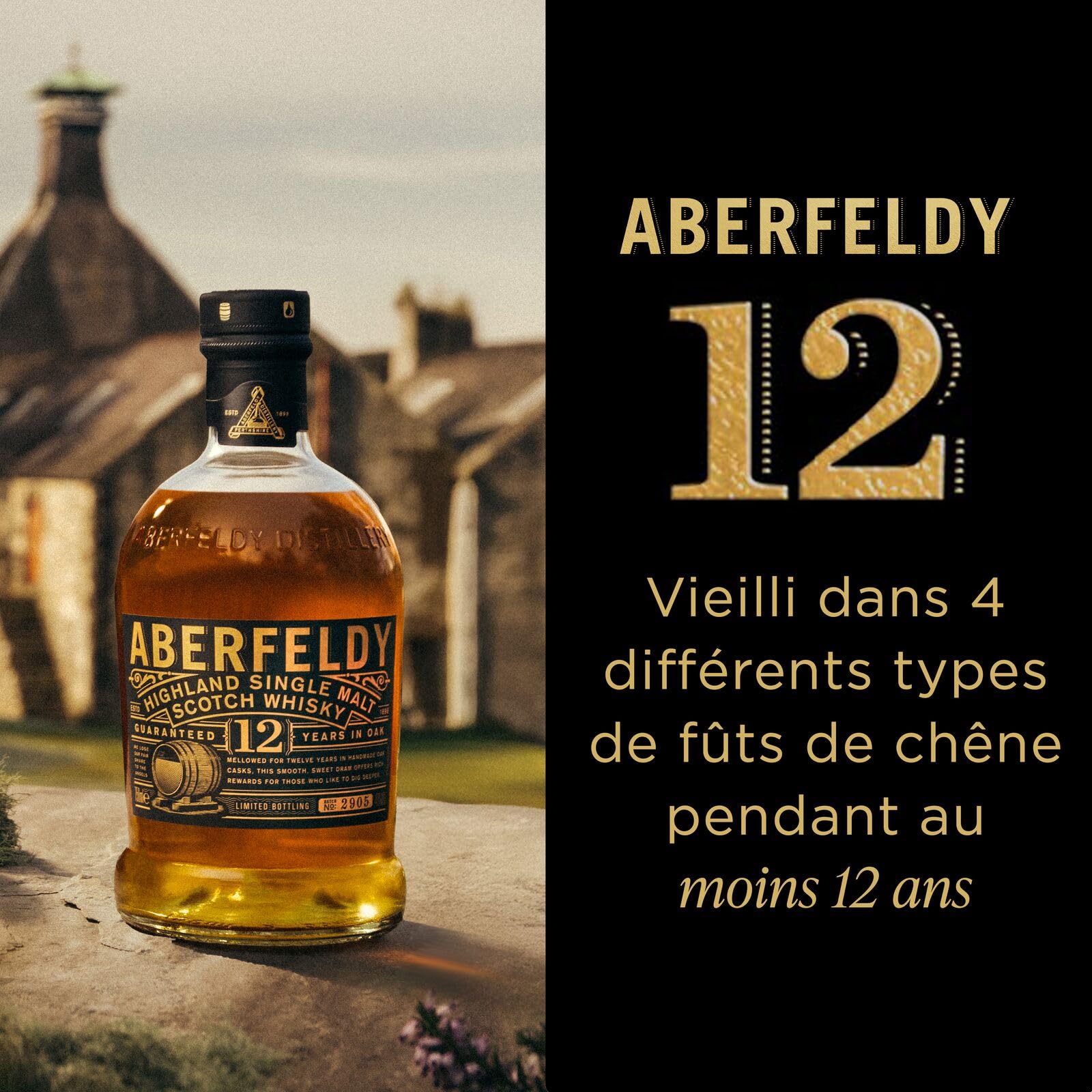Coffret Cadeau Doré Aberfeldy 12 Year Old Single Malt Scotch Whisky, 40 % vol., 70 cl / 700 ml, Whisky premium vieilli dans quatre types de fûts