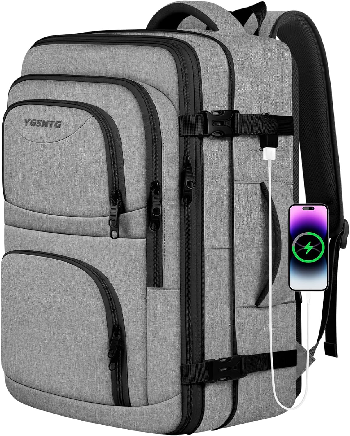 Large Travel Backpack, Laptop Backpack for women, Expandable 52L Carry On Backpack, Airline Approved Water Resistant Weekender 18.4 Inch Laptop Backpack, Business Computer Bag with USB Port, Grey