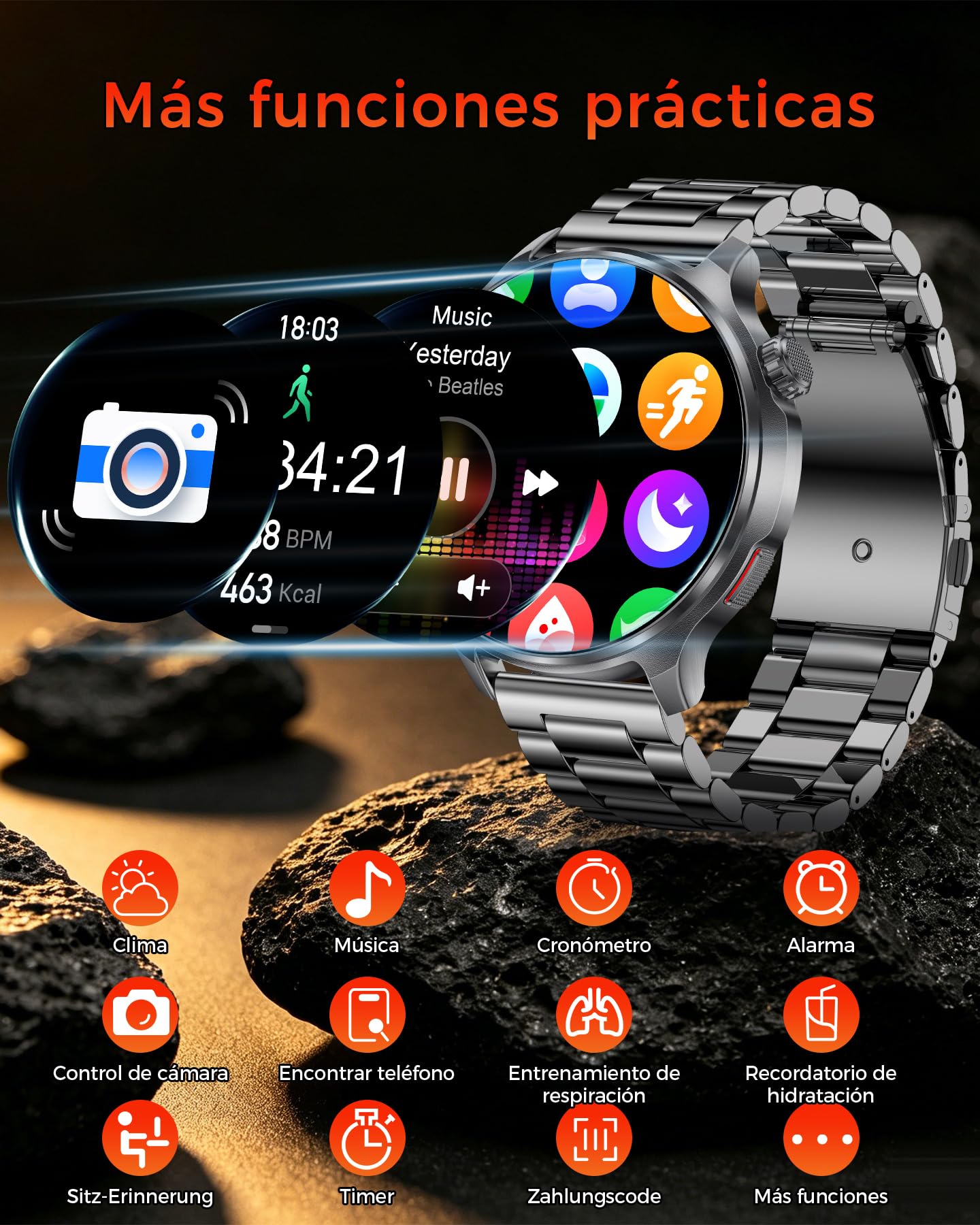 Reloj Inteligente Hombre, Batería de 1000 mAh, Pantalla Grande HD de 1,52'' | Smartwatch Llamadas Bluetooth, 120+ Modos Deportivos, Frecuencia Cardíaca, Sueño, Android iOS, Dos Correas, Negro