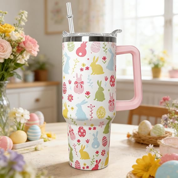 Ceovfoi 40 oz Easter Bunny Tumbler with Handle & Straw, Vacuum Insulated Stainless Steel Water Bottle, Easter Eggs Floral Travel Mug, Easter Gifts for Women, Spring Holiday Tumbler for Car Cup Holder