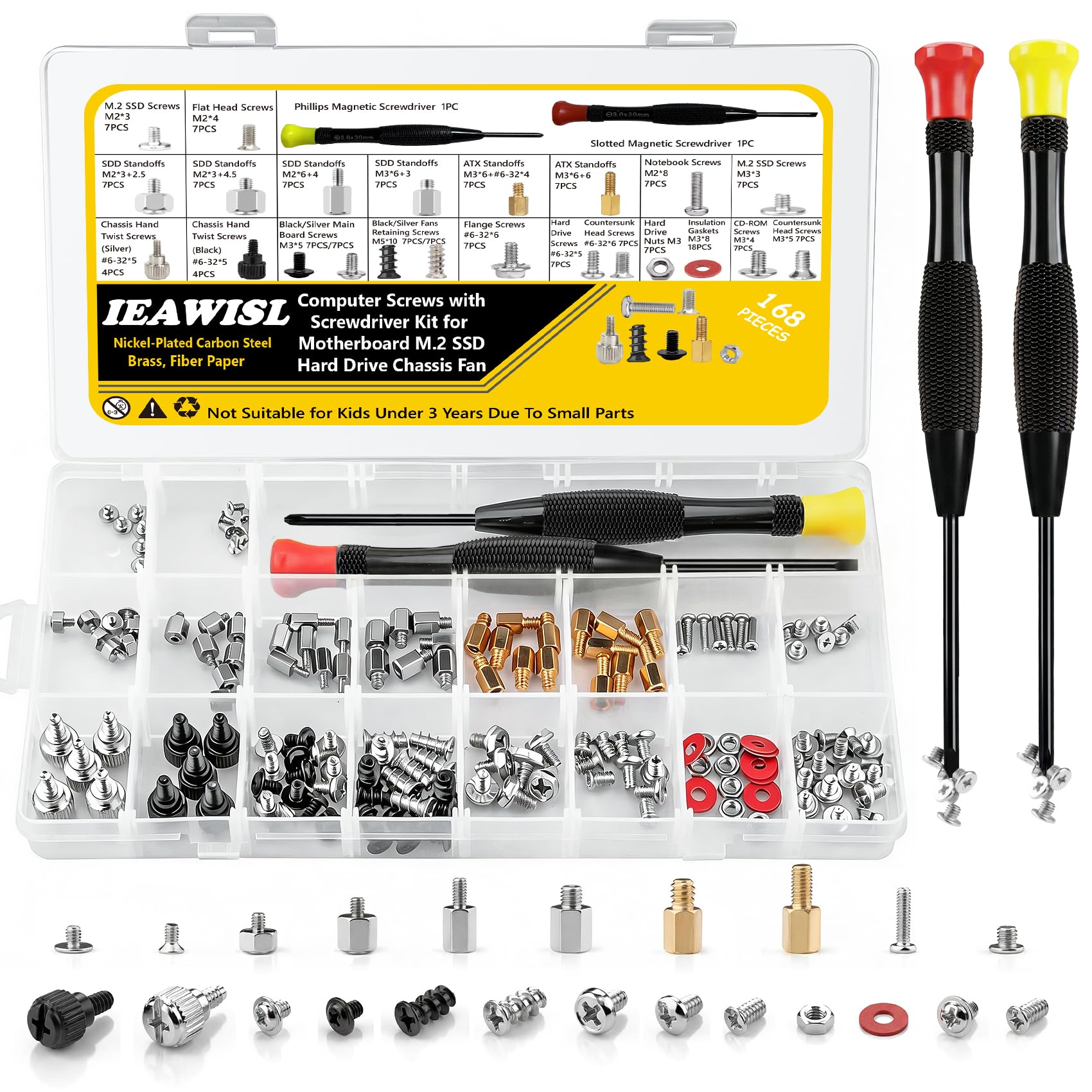 168PCS Computer Screws Kit Motherboard Screws Standoffs for Universal HDD, Chassis, Fan, PC Case, Graphics, M.2 SSD Screws for DIY and Repair, PC Screws with Magnetic Phillips and Slotted Scredriver - 1