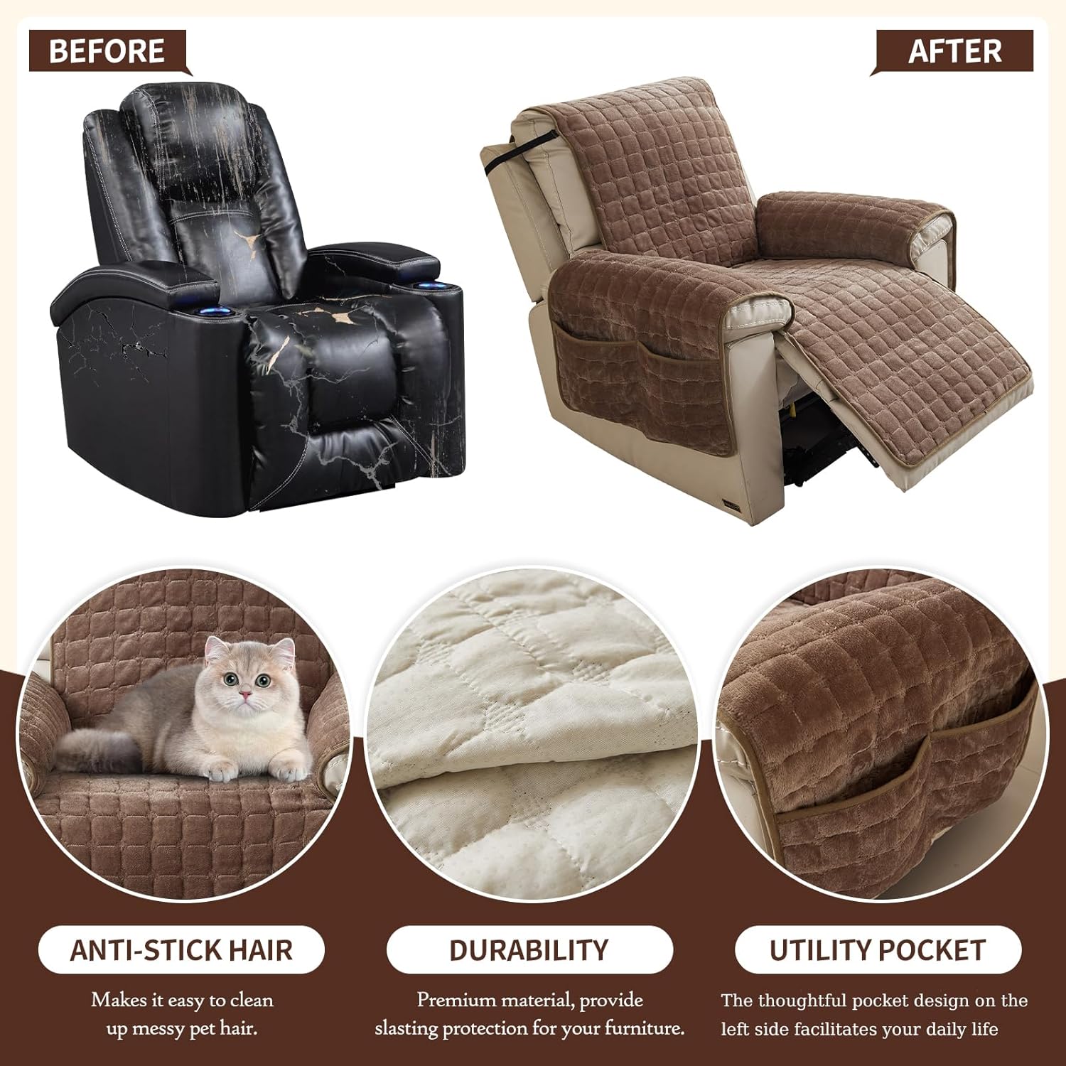 Plush Recliner Slipcover 30 Inches Washable Chair Covers Artificial Wool Lazy Boy Cover Quilted Cover for Recliner Chairs and Furniture,Large Taupe Chair Protector with Side Pocket for Kids/Pets