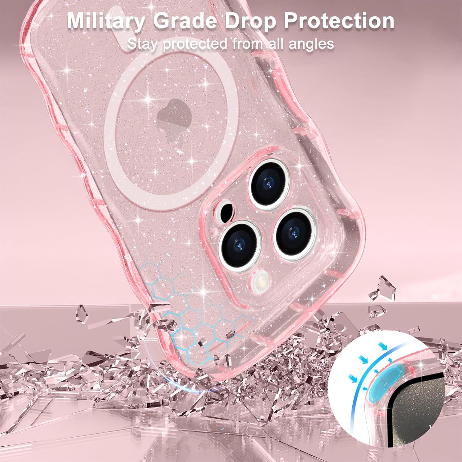 Magnetic for iPhone 15 Pro Case Clear, Sparkly Bling Glitter Cute Curly Wave Transparent Cover for Women Men Compatible with MagSafe Shockproof Protective Phone Case for iPhone 15 Pro, Pink - Image 5
