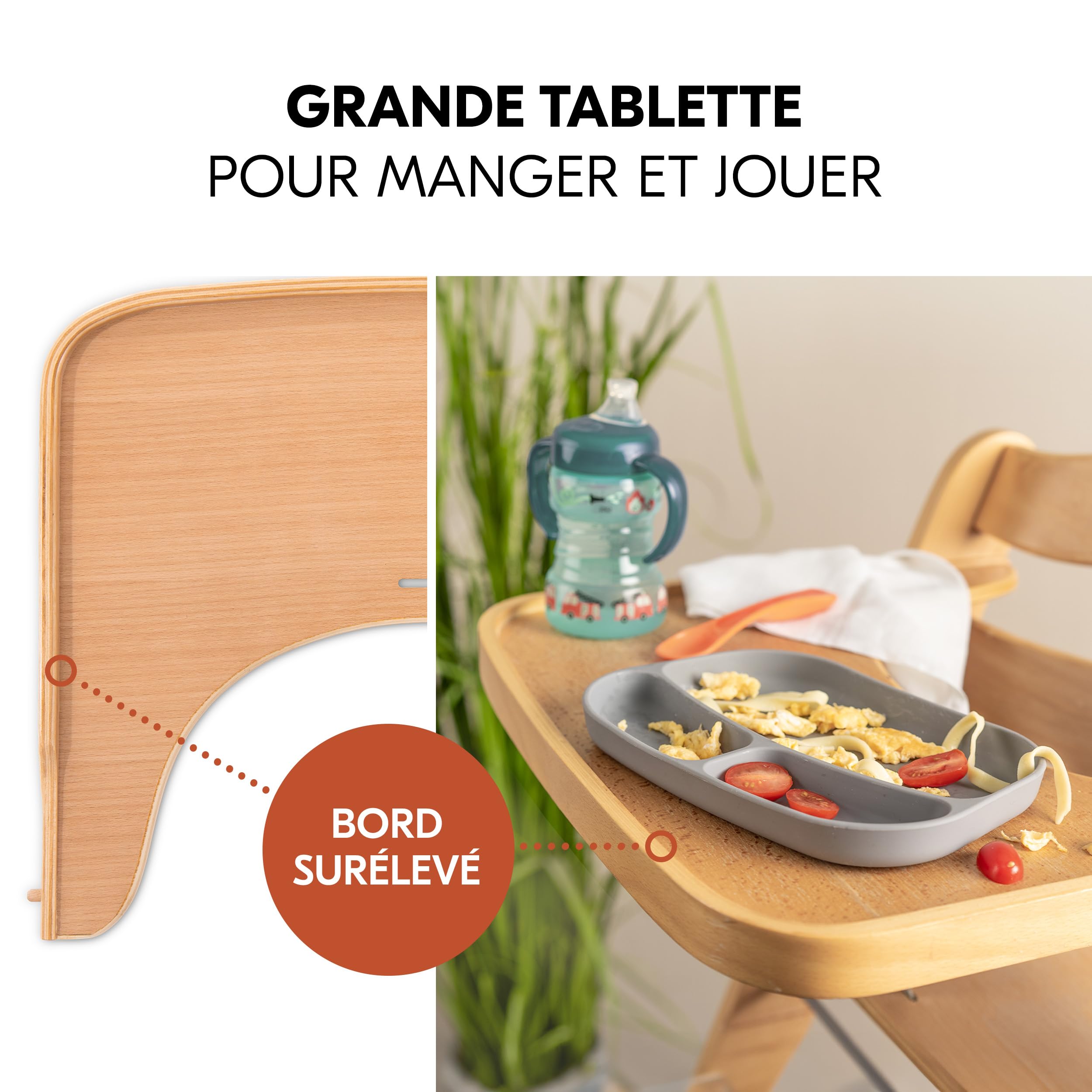 hauck Chaise Haute Bébé Beta+ avec Siège Highchair Bouncer - Natural | Chaise haute évolutive en bois, de la naissance à 90 kg, inclus assise bébé ergonomique, roues, plateau repas, coussin