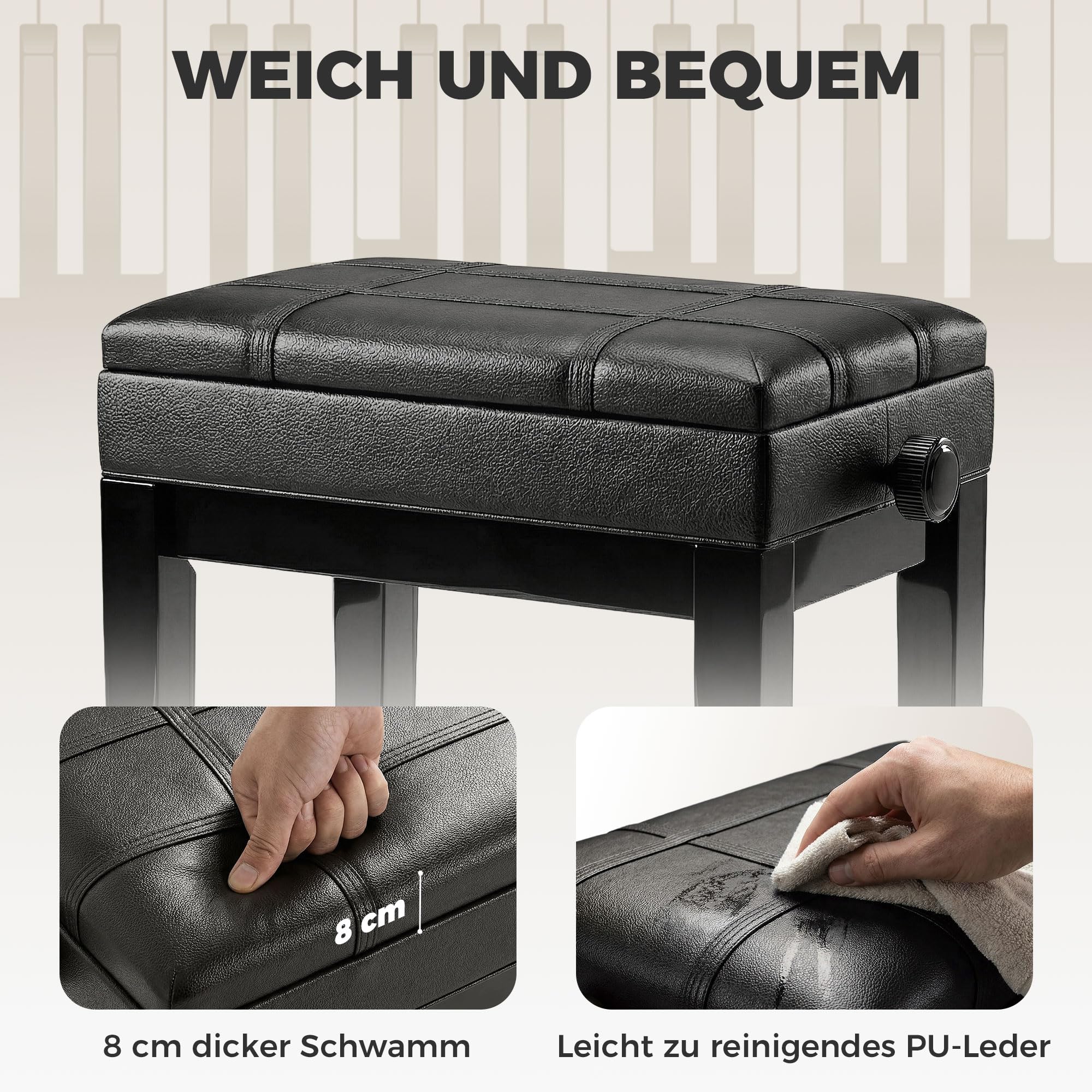 HOMCOM Regulowane krzesło do pianina, pianobank 63x35x46-56 cm czarny | Ławka do pianina z ukrytym schowkiem, poduszka skórzana eko, keyboardbank